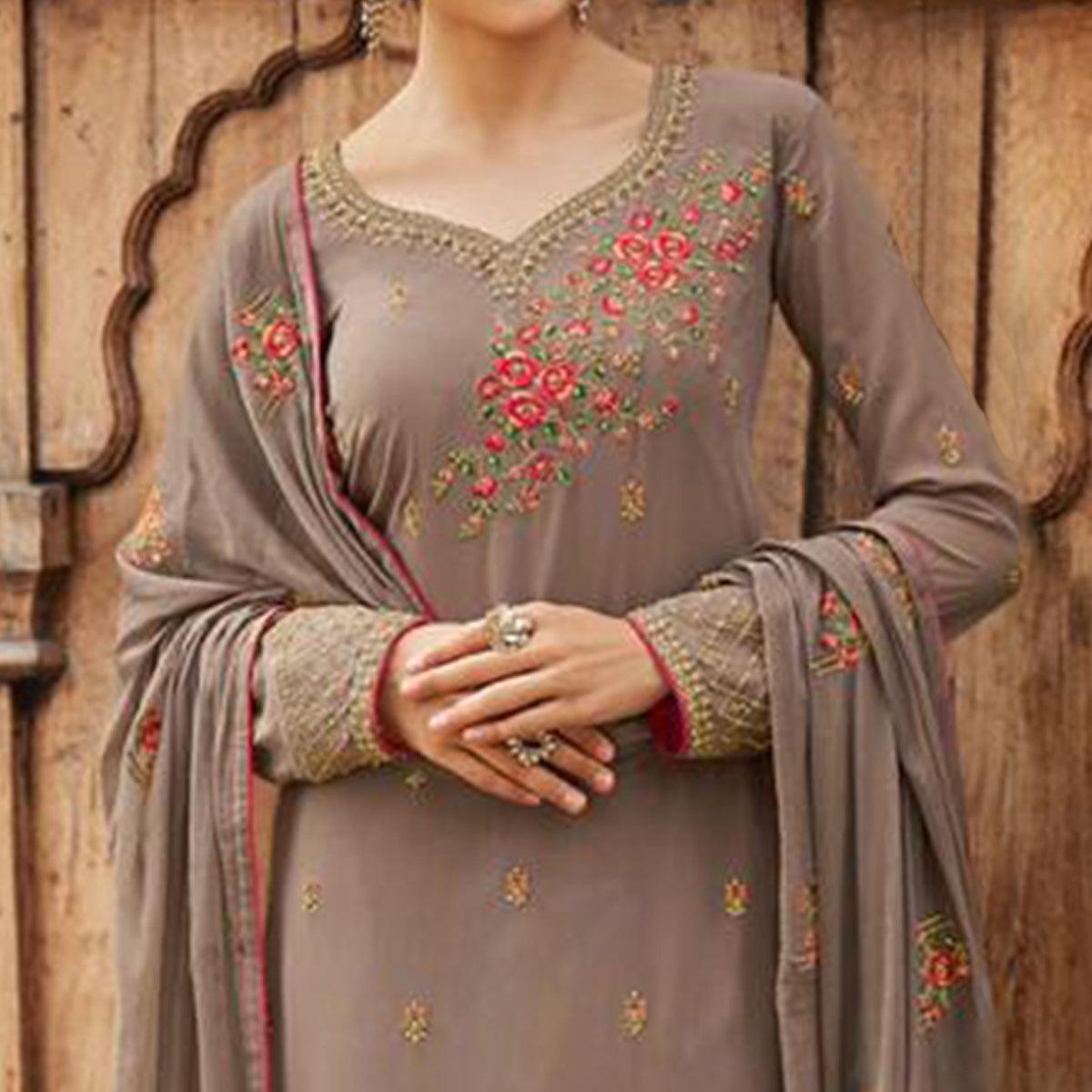 Peachmode Flattering Beige Colored Partywear Embroidered Faux georgette Salwar Suit - view 2