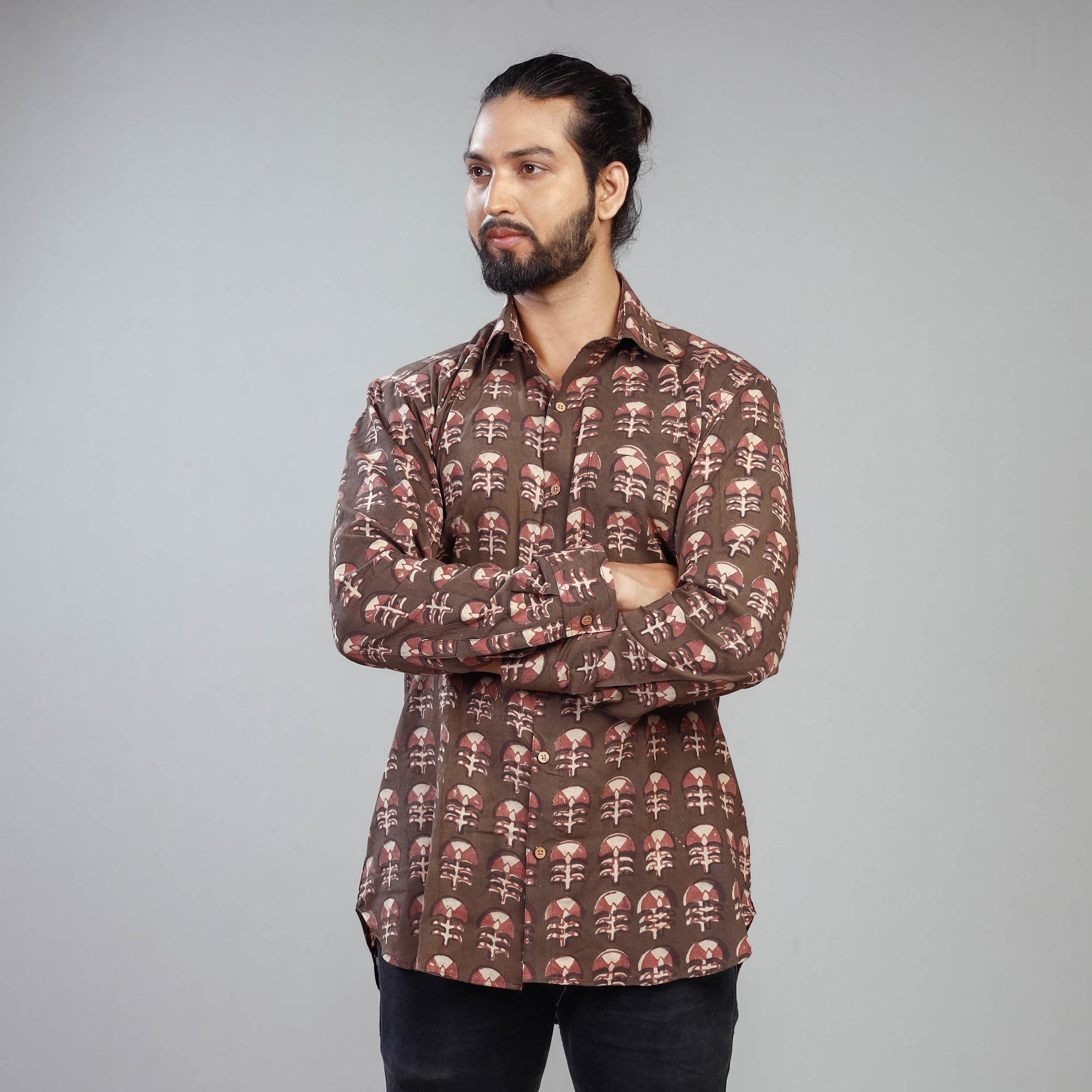ITOKRI CASUALS Brown - Akola Block Printing Cotton Men Full Sleeve Shirt - view 2