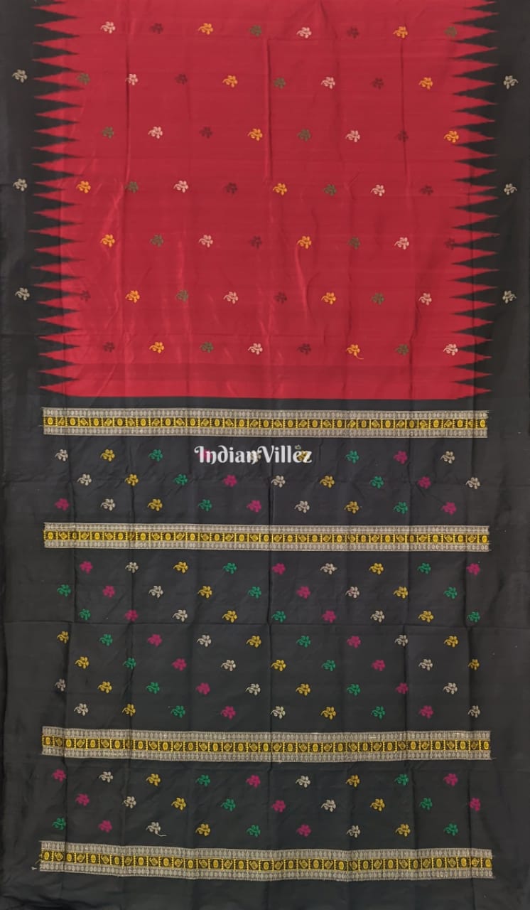 IndianVillèz Black Red Floral Design Bomkai Silk Saree - view 2