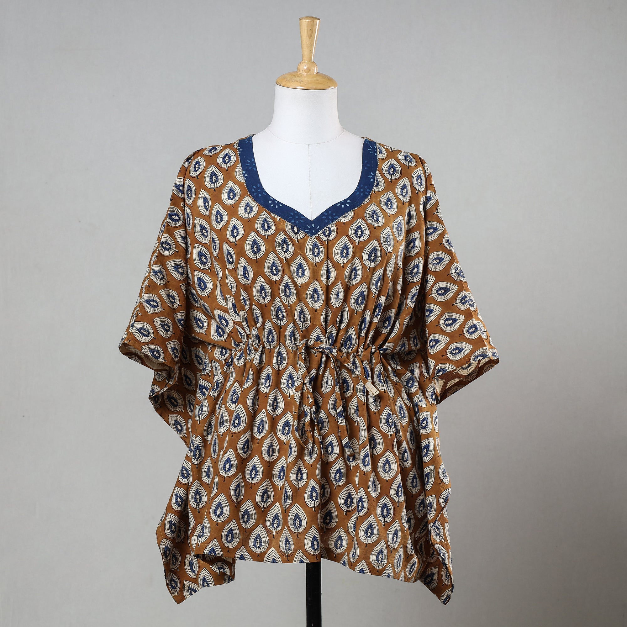 ITOKRI CASUALS Brown - Bagru Block Printed Cotton Kaftan with Tie-Up Waist (Short)