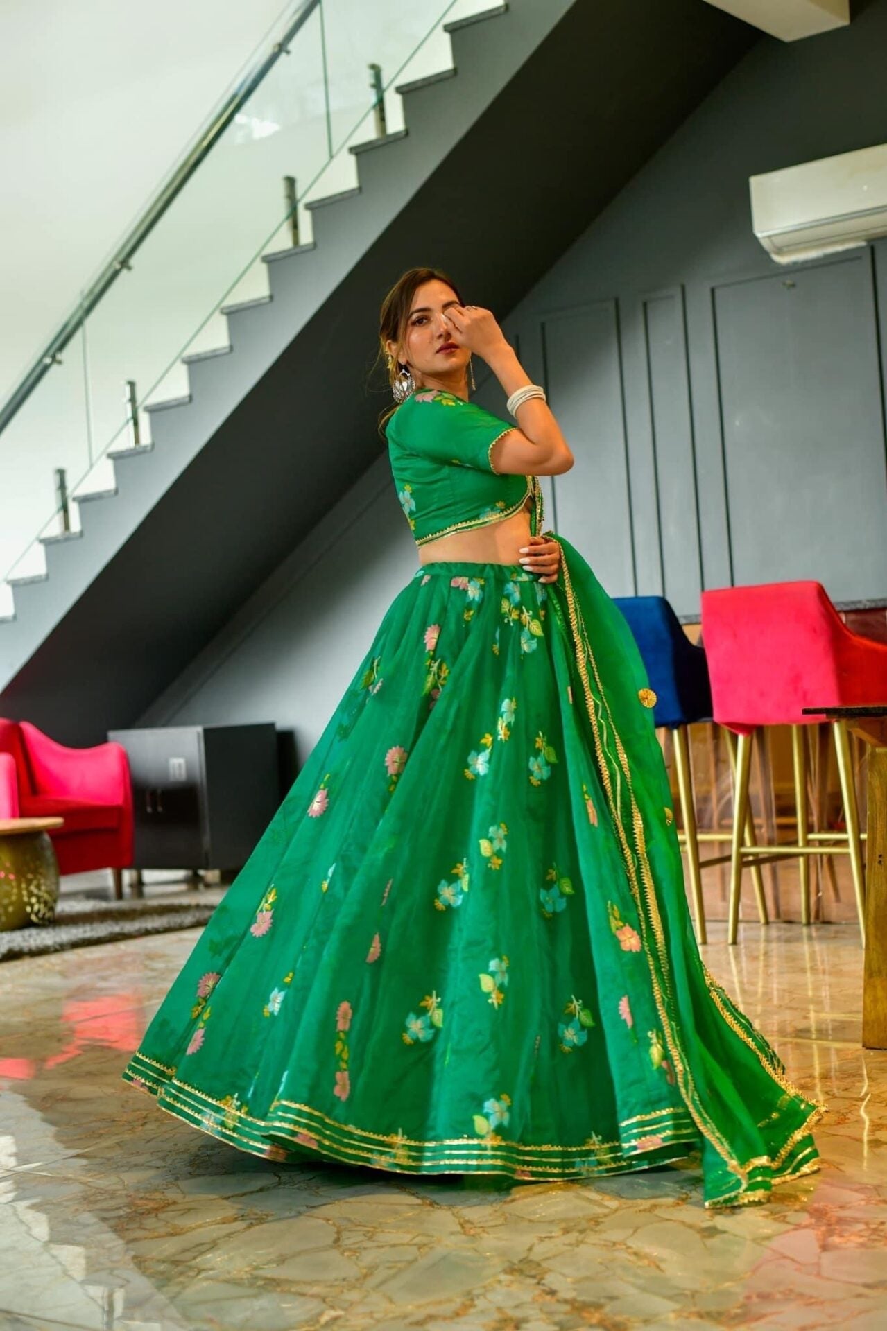 Idaho-o Aisha green organza lehenga choli set - view 5