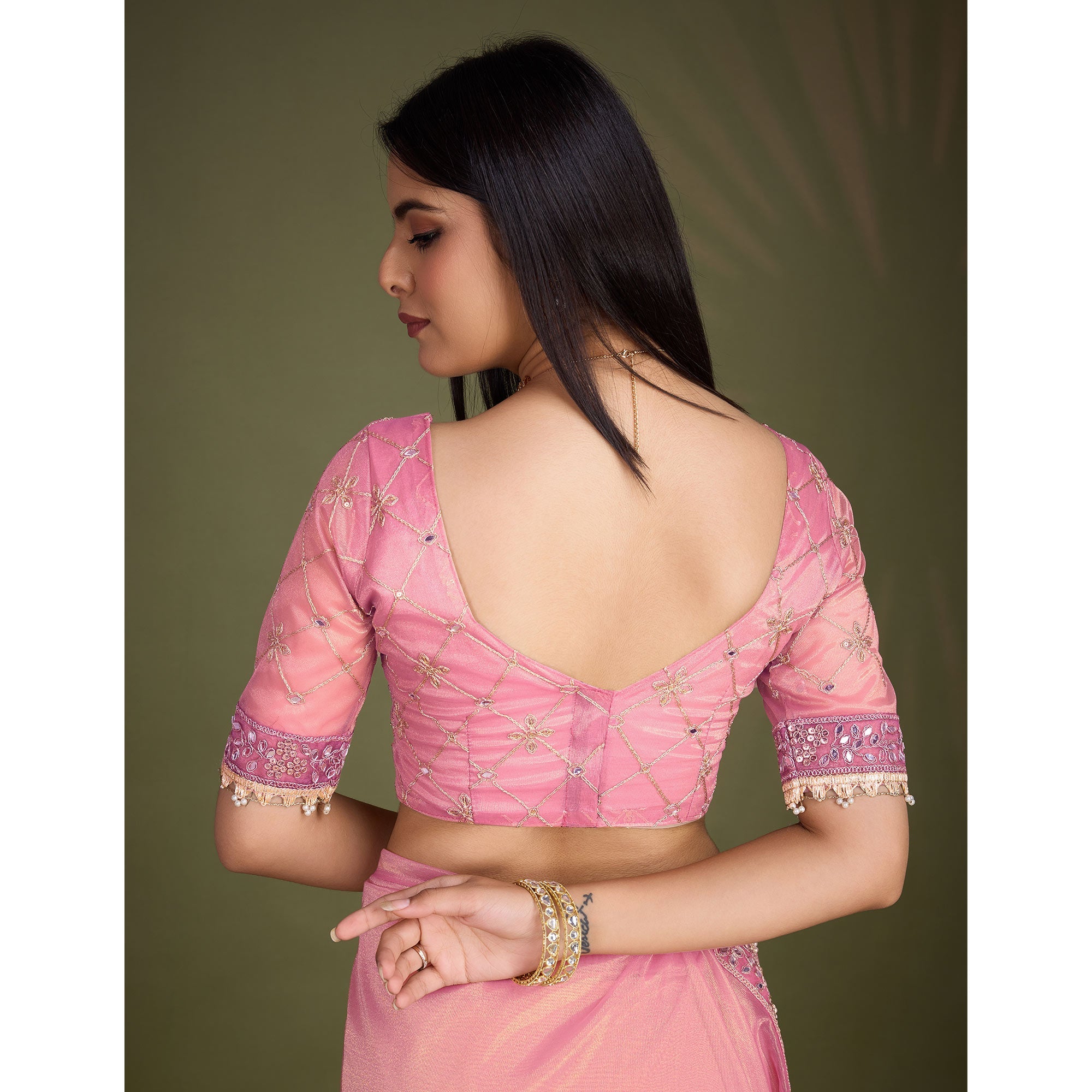 Peachmode Light Pink Sequins Embroidery With Mirror Handwork Twill Net Saree - view 10