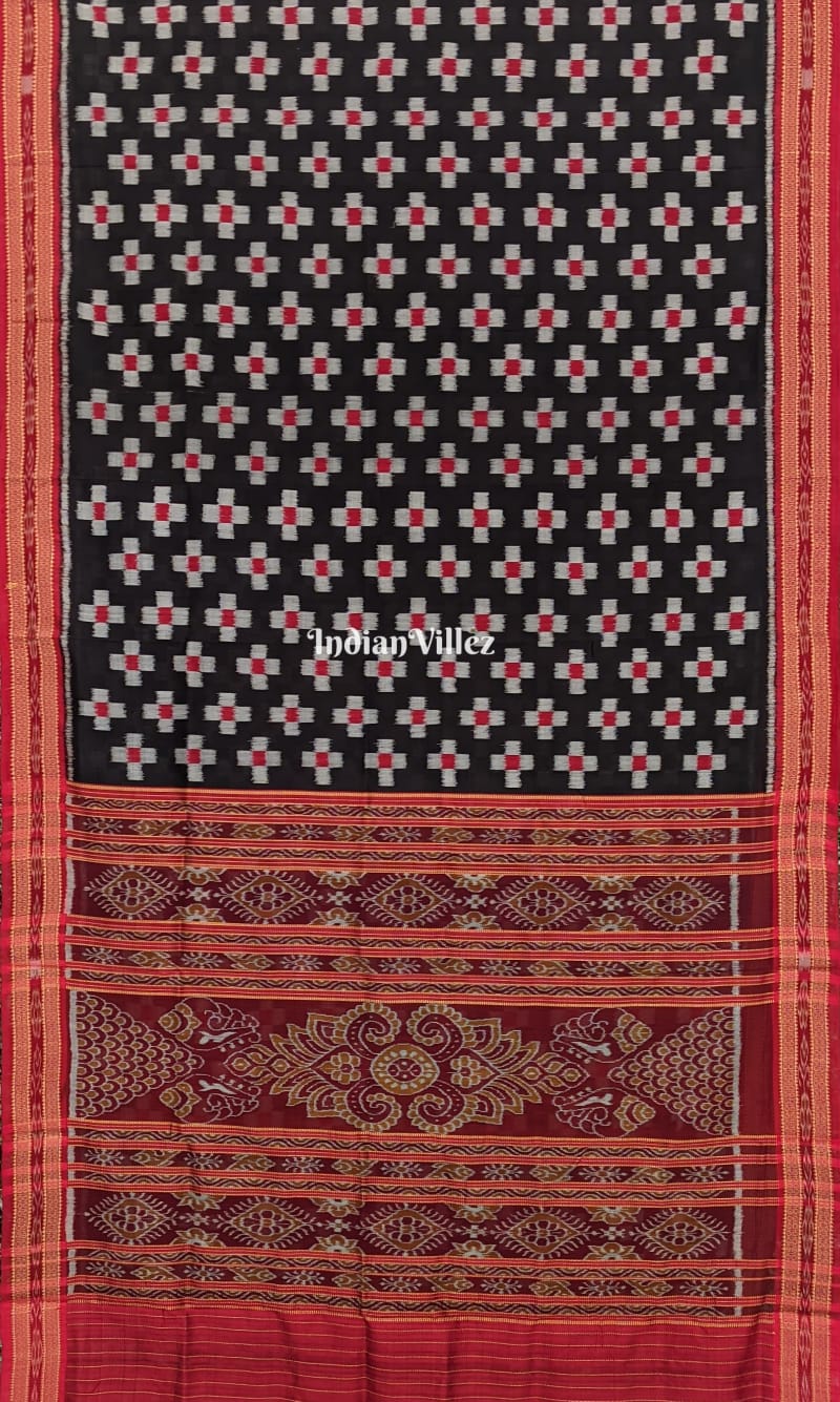 IndianVillèz Black Body Pasapali Odisha Ikat Khandua Silk Saree