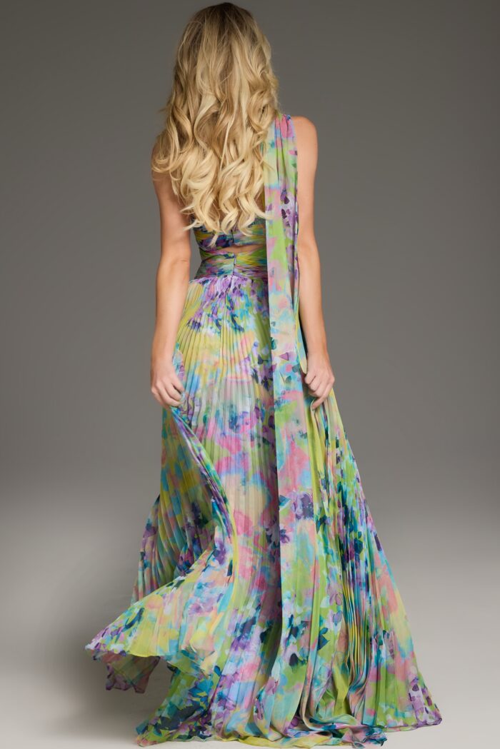 Jovani 38688 Floral Long Pleated Formal Prom Dress - view 2