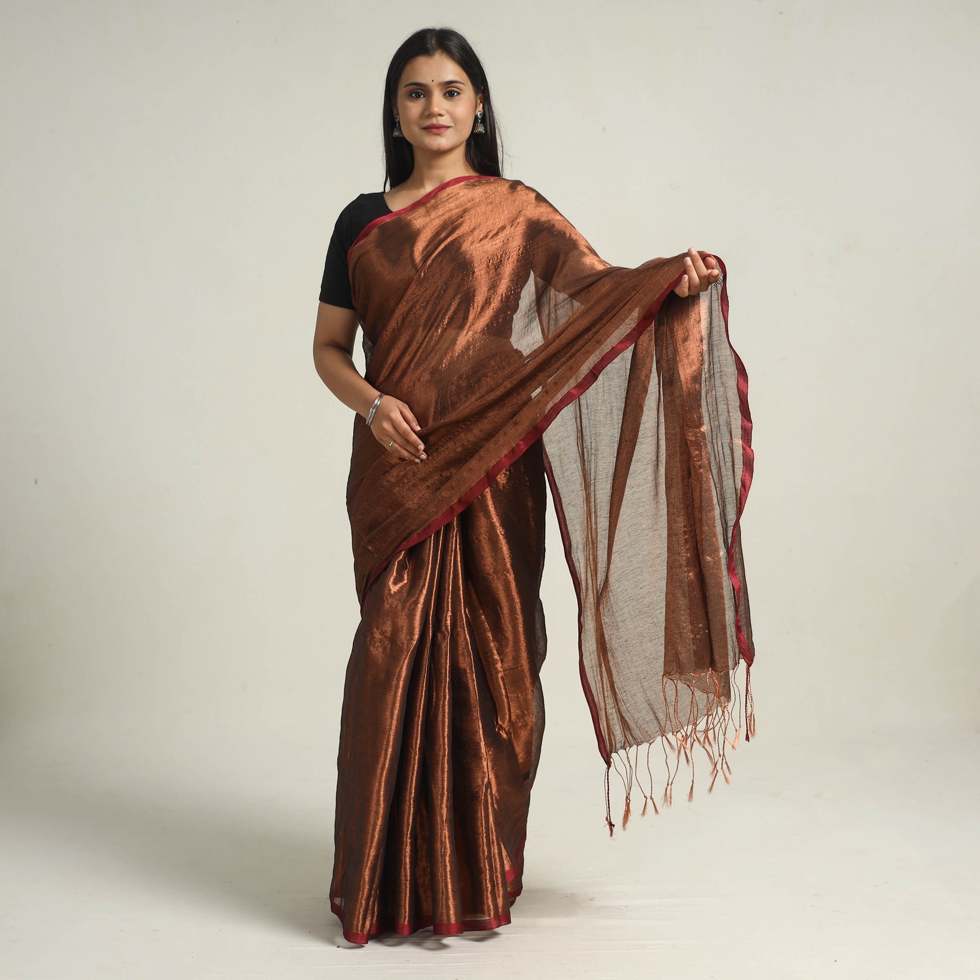 KHUSHBASH - HAPPY LOOM OF EAST Brown - Bengal Fine Tissue Zari Saree 15 - view 2