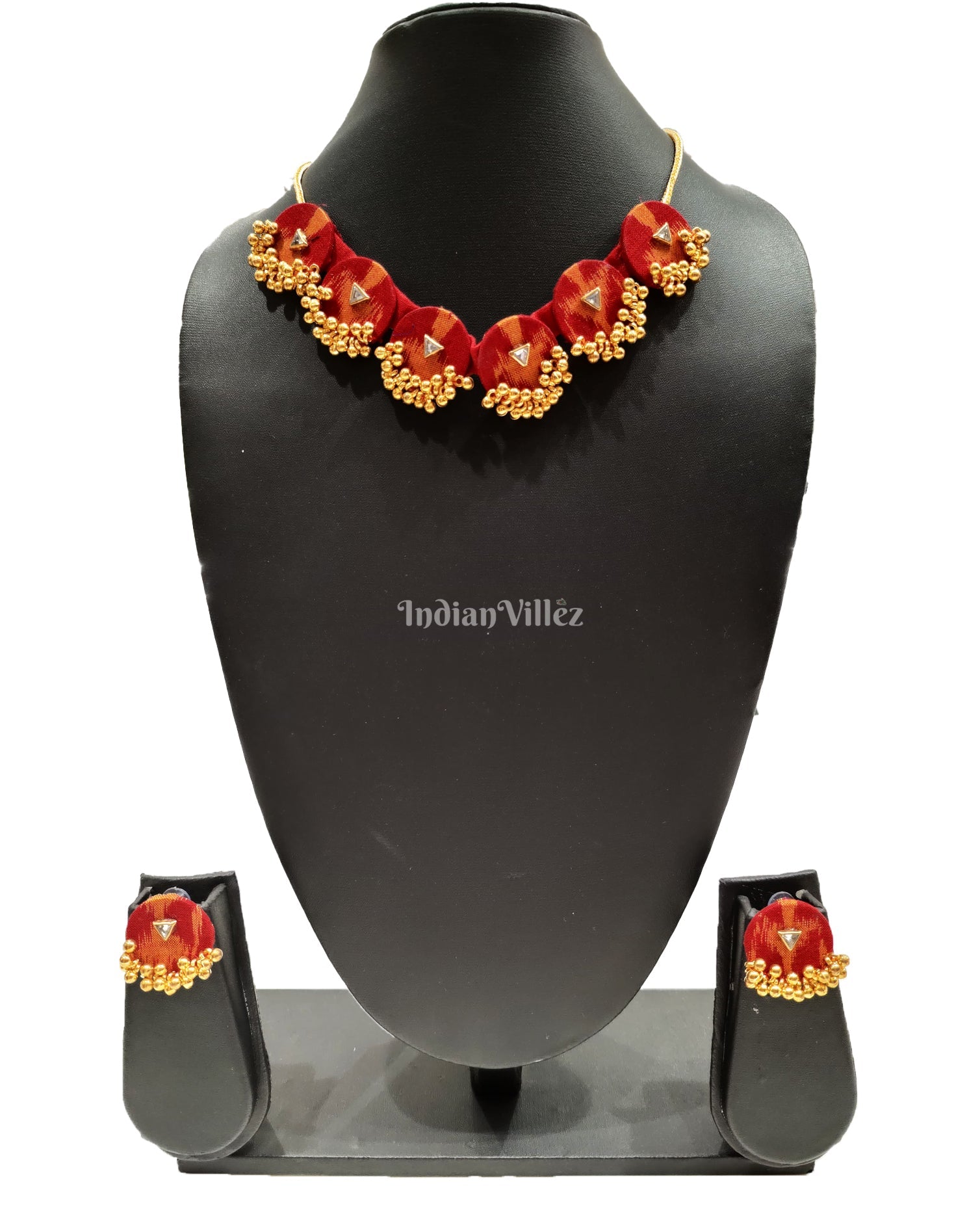 Necklace earrings set – IndianVillèz Red Mustard Coin Shape Golden Beads Sambalpuri Fabric Choker Jewellery - Necklace & Earrings Set