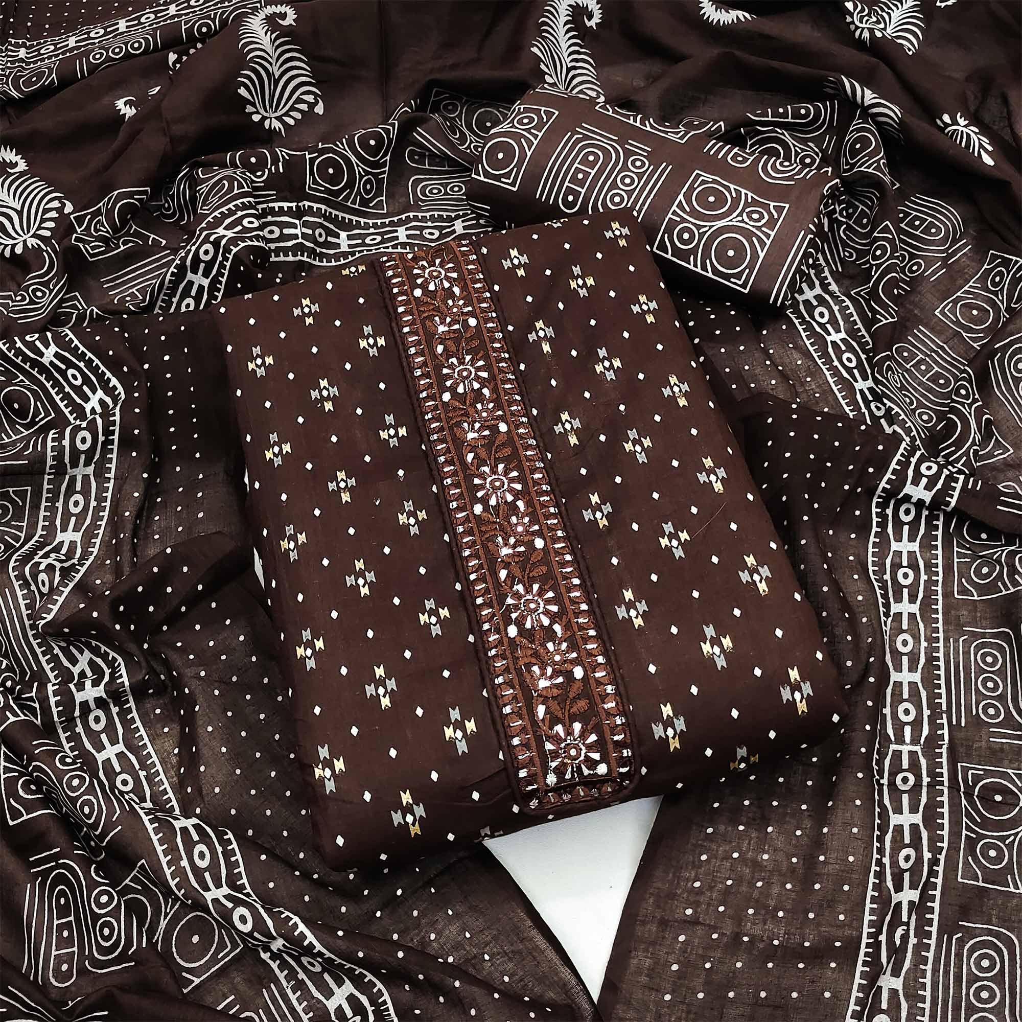 Peachmode Coffee Printed With Embroidered Cotton Blend Dress Material