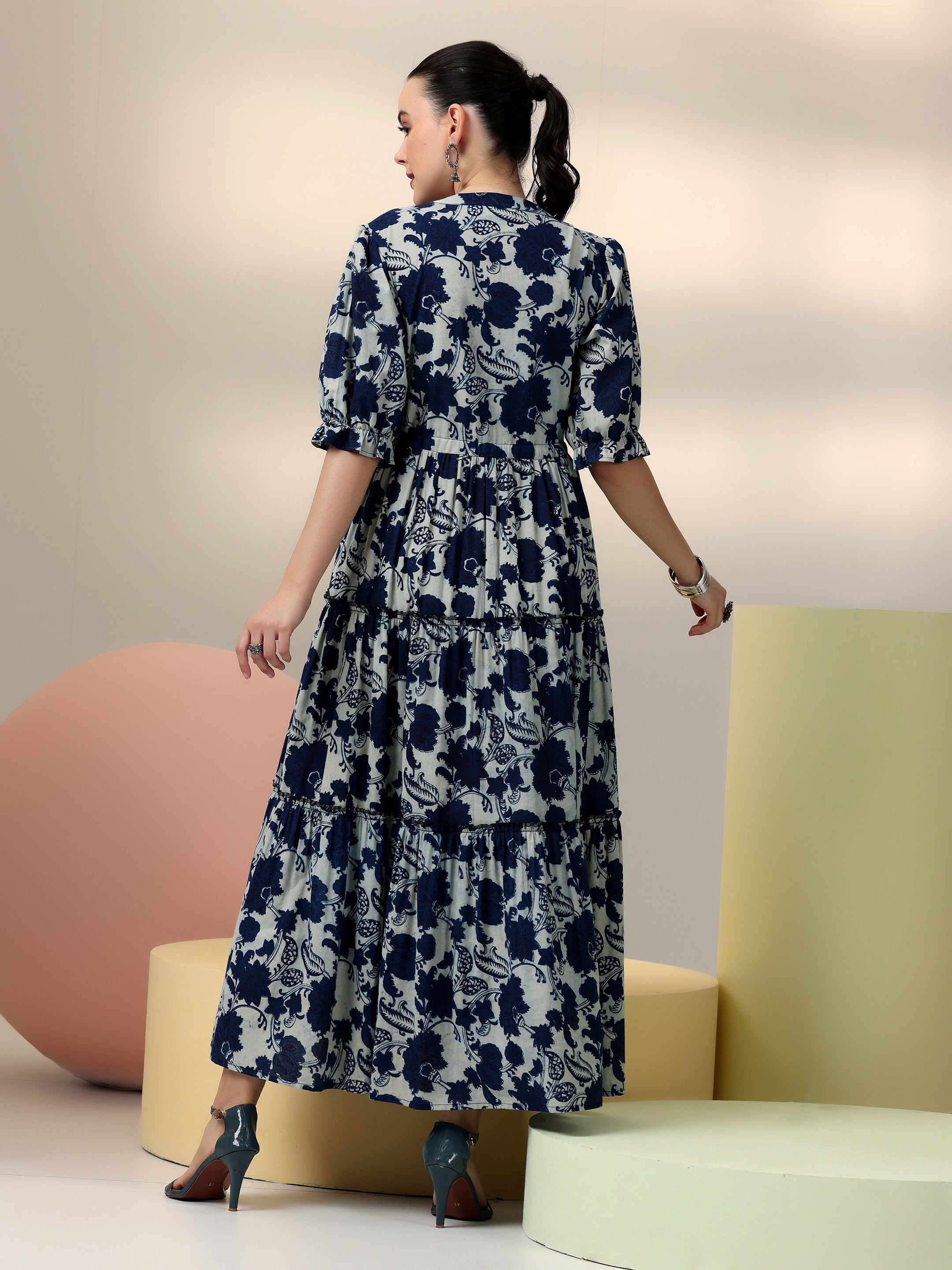 Libas Indigo Printed Cotton Fit and Flare Dress - view 3