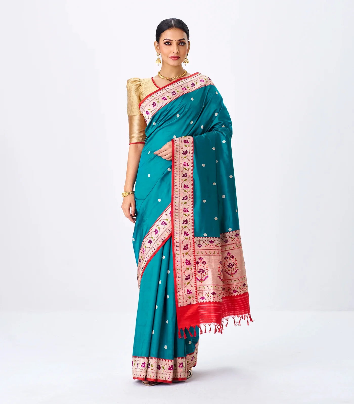 RmKV Cyan Handloom Banarasi Silk Saree With Coin Buttas & Red Border