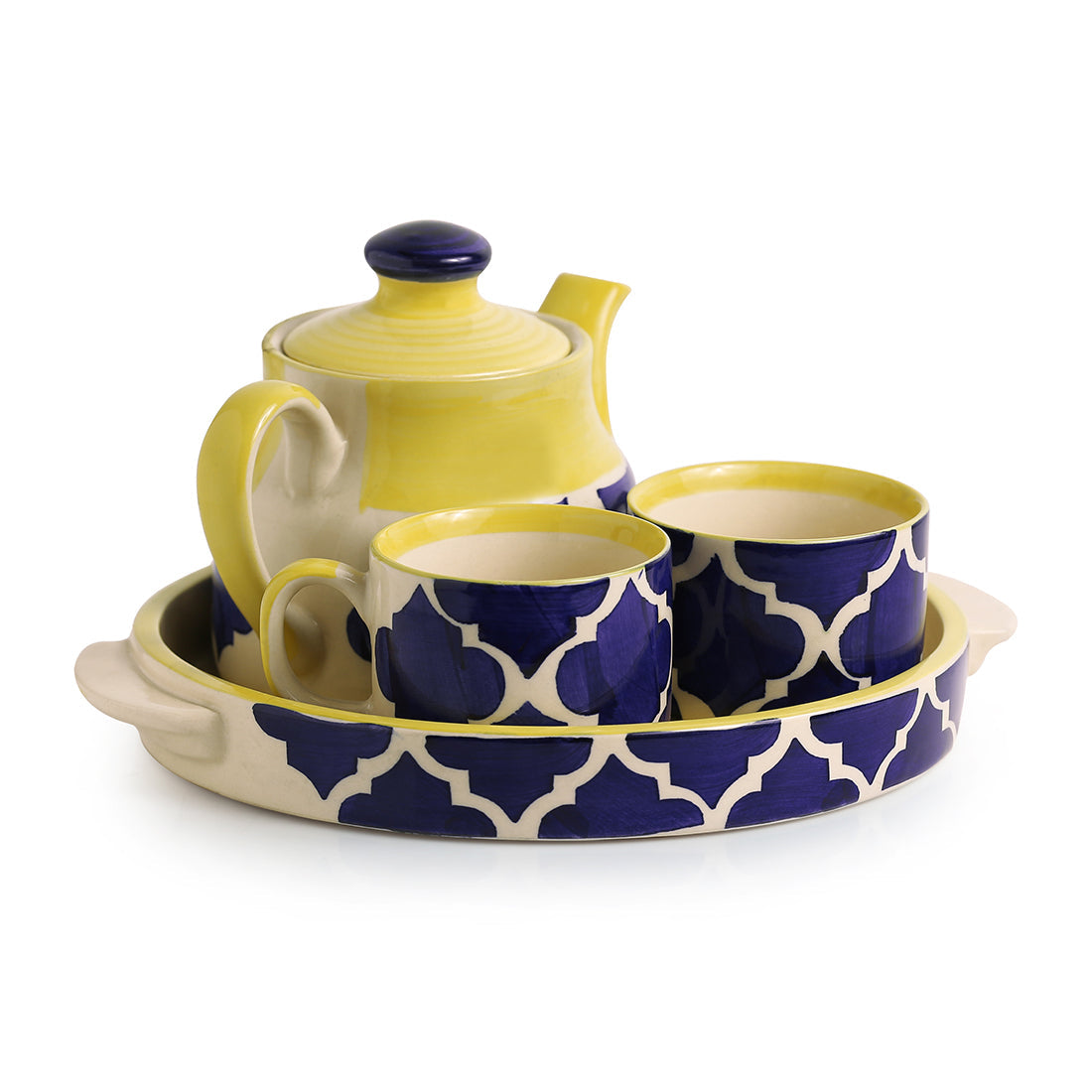 EXCLUSIVELANE 'Sea-Tea' Handpainted Tea Cups & Kettle Set With Tray In Ceramic - view 3