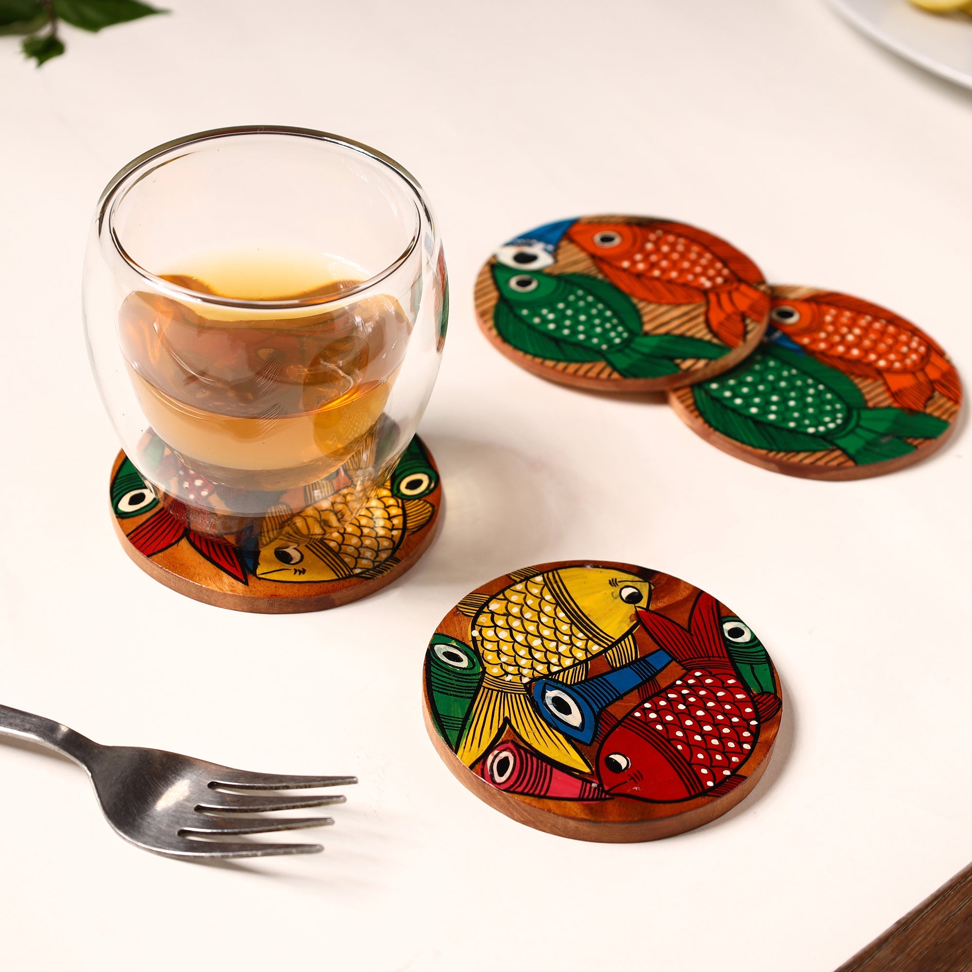 ITOKRI CRAFTS INITIATIVE Bengal Patua Handpainted Akashmoni Wooden Coasters (Set of 4) 11 - view 3