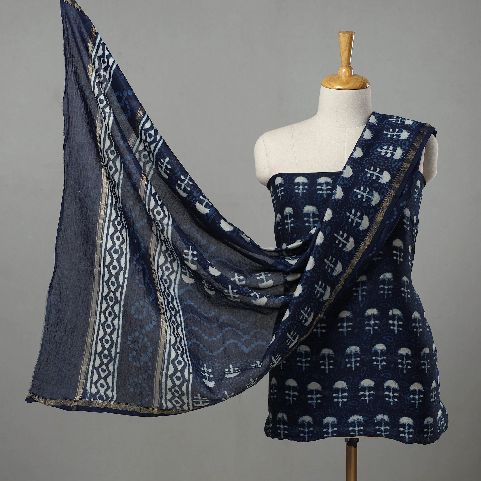 ARTISAN HAND BLOCK PRINTS Blue - 3pc Chanderi Silk Indigo Bagru Print Dress Material 03