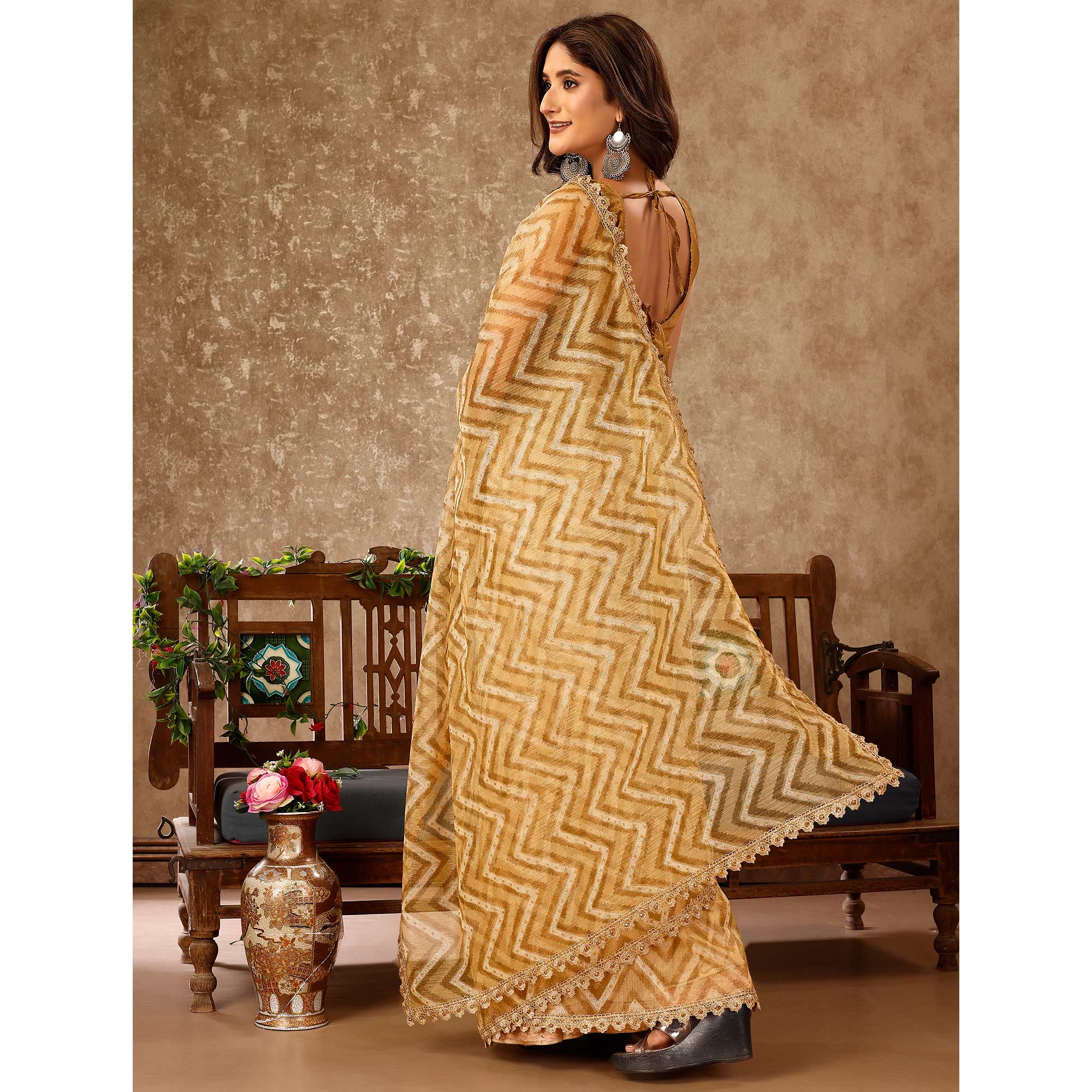 Peachmode Seller Chikoo Zig Zag Printed With Stone Work Organza Ready To Wear Saree - view 5