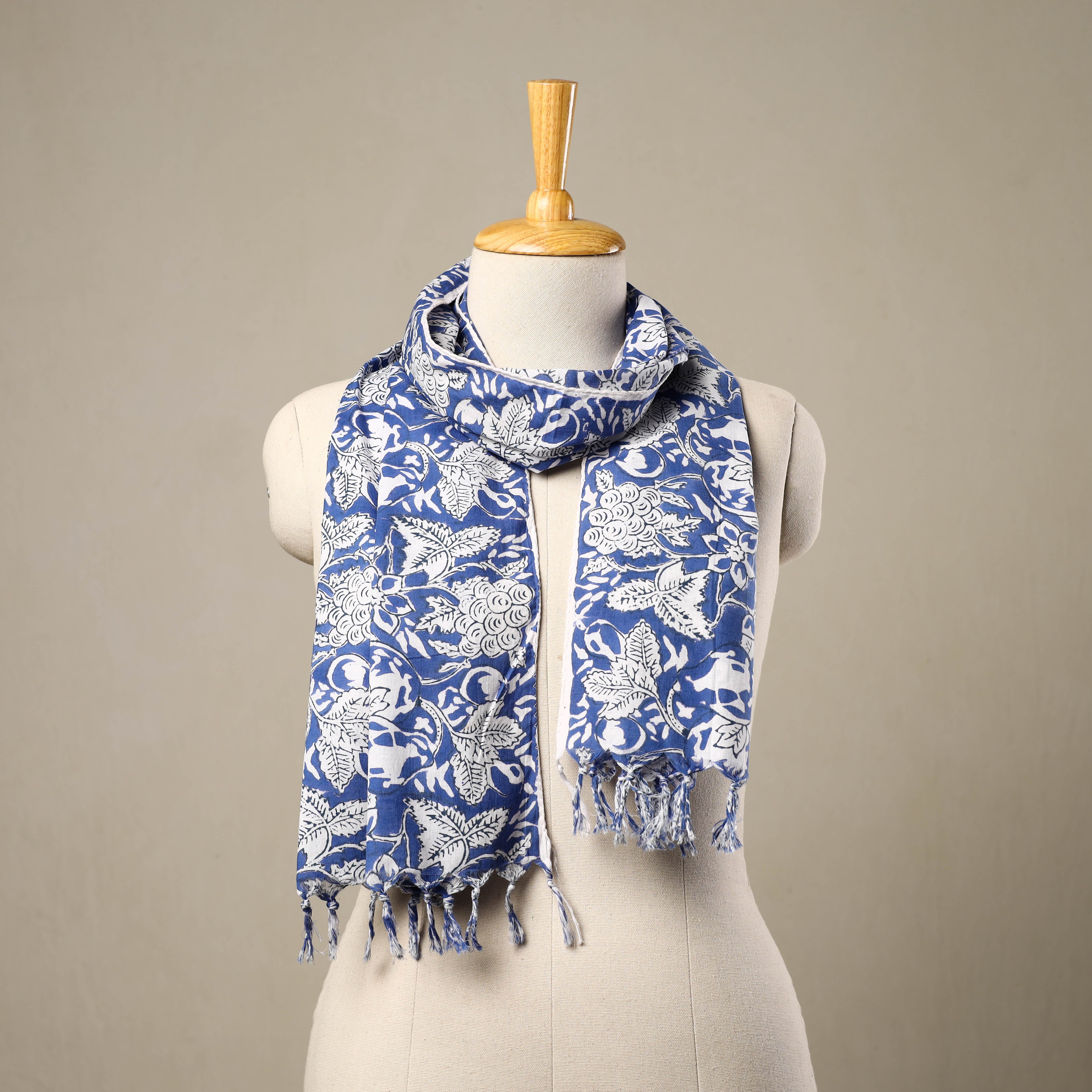 HAVELI CHRONICLES Blue - Block Print Cotton Sanganeri Stole with Tassels 137