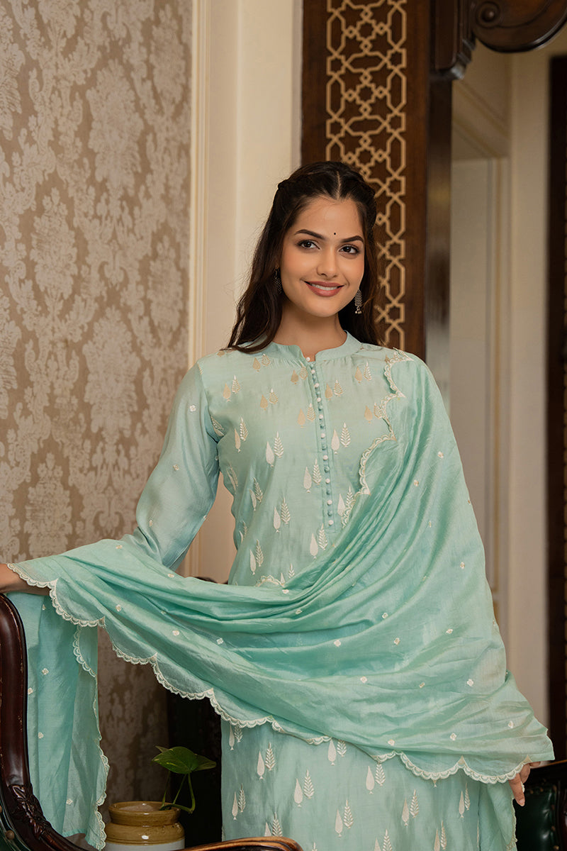 Ahika Sea Green Silk Blend Solid Embroidered Straight Suit Set With Trouser Bottom PKSKD2686 - view 5