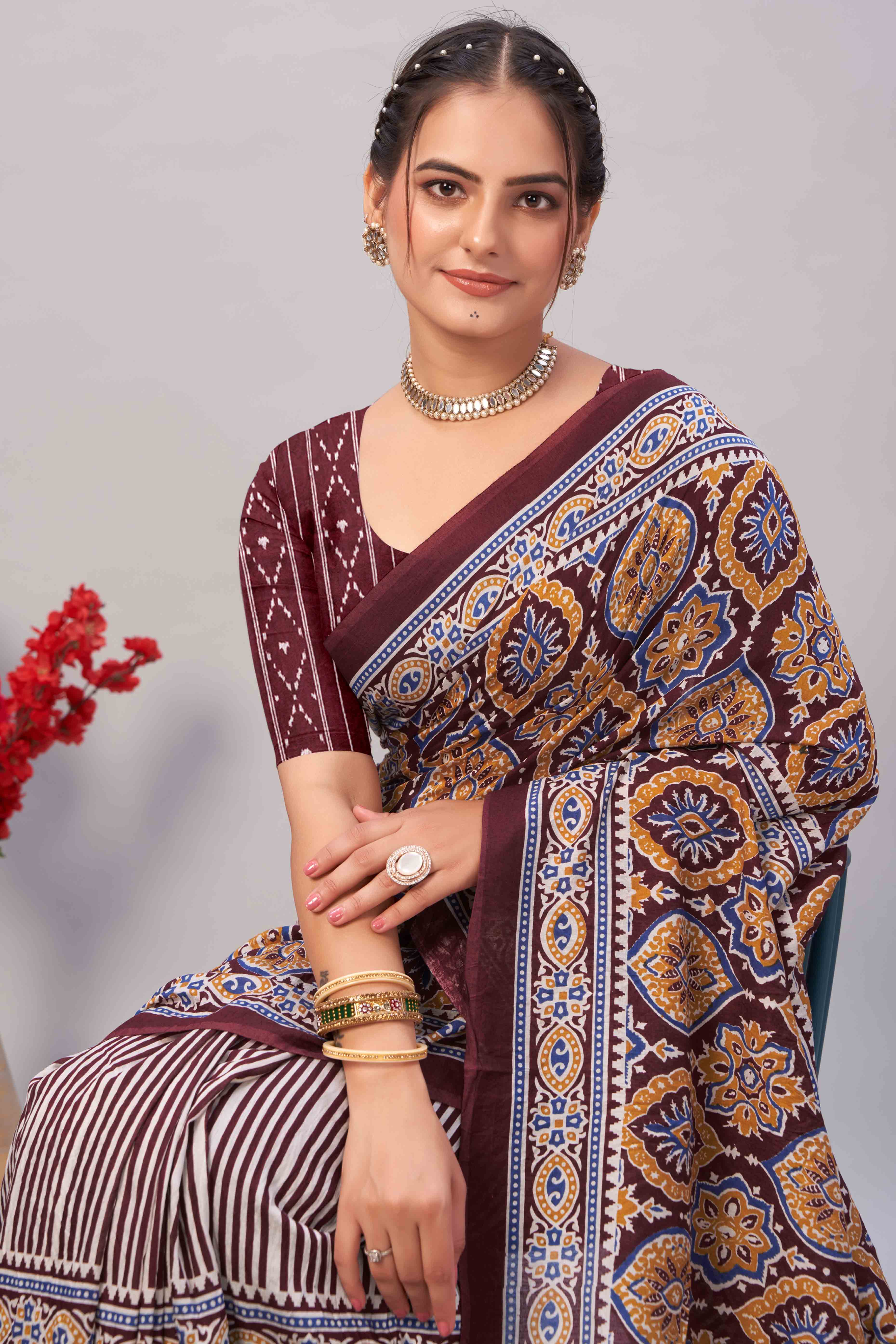 Peachmode Dark Maroon Ajrakh Printed Cotton Blend Saree - view 6