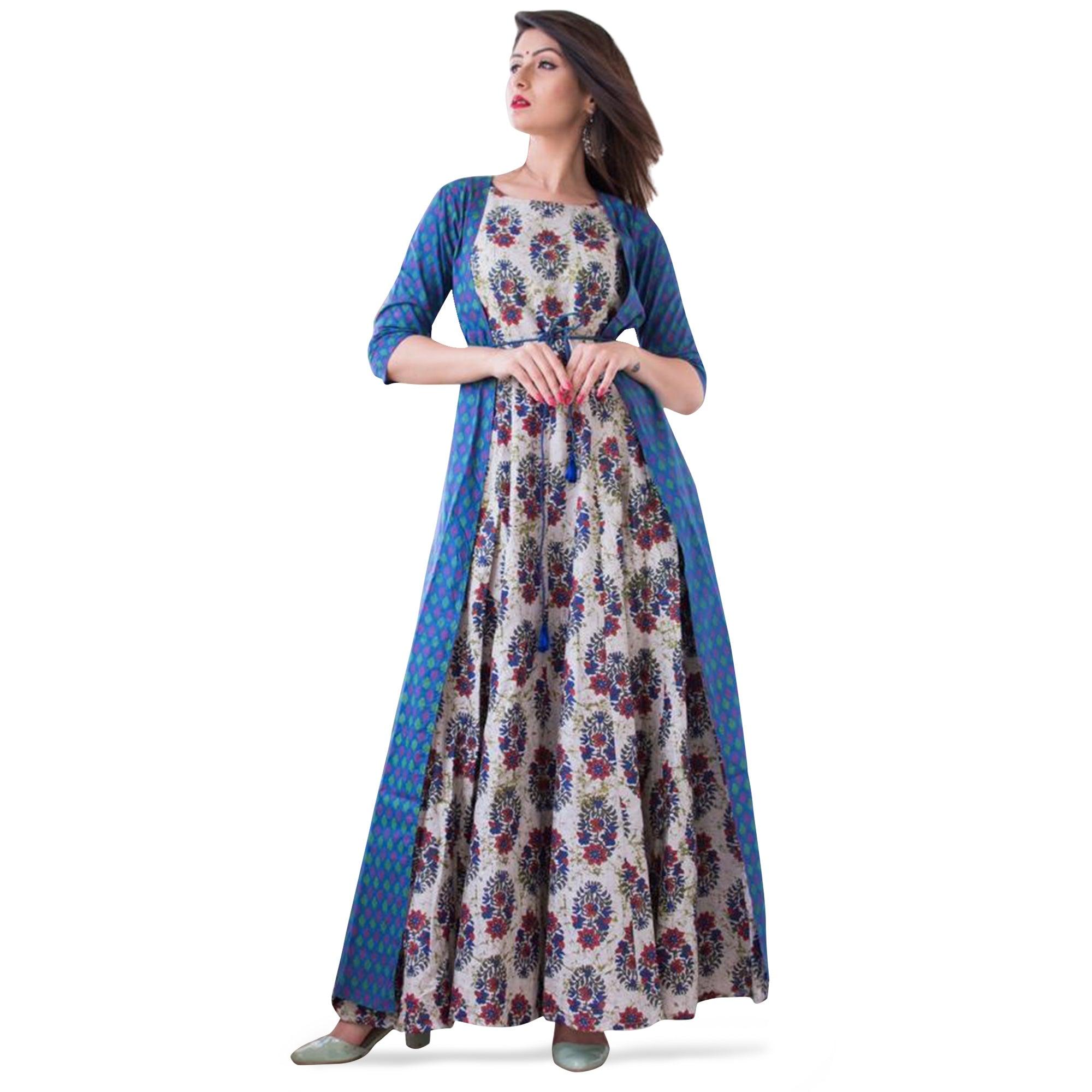 Peachmode Seller Mesmeric Blue-Multi Colored Casual Printed Muslin Jacket Style Gown