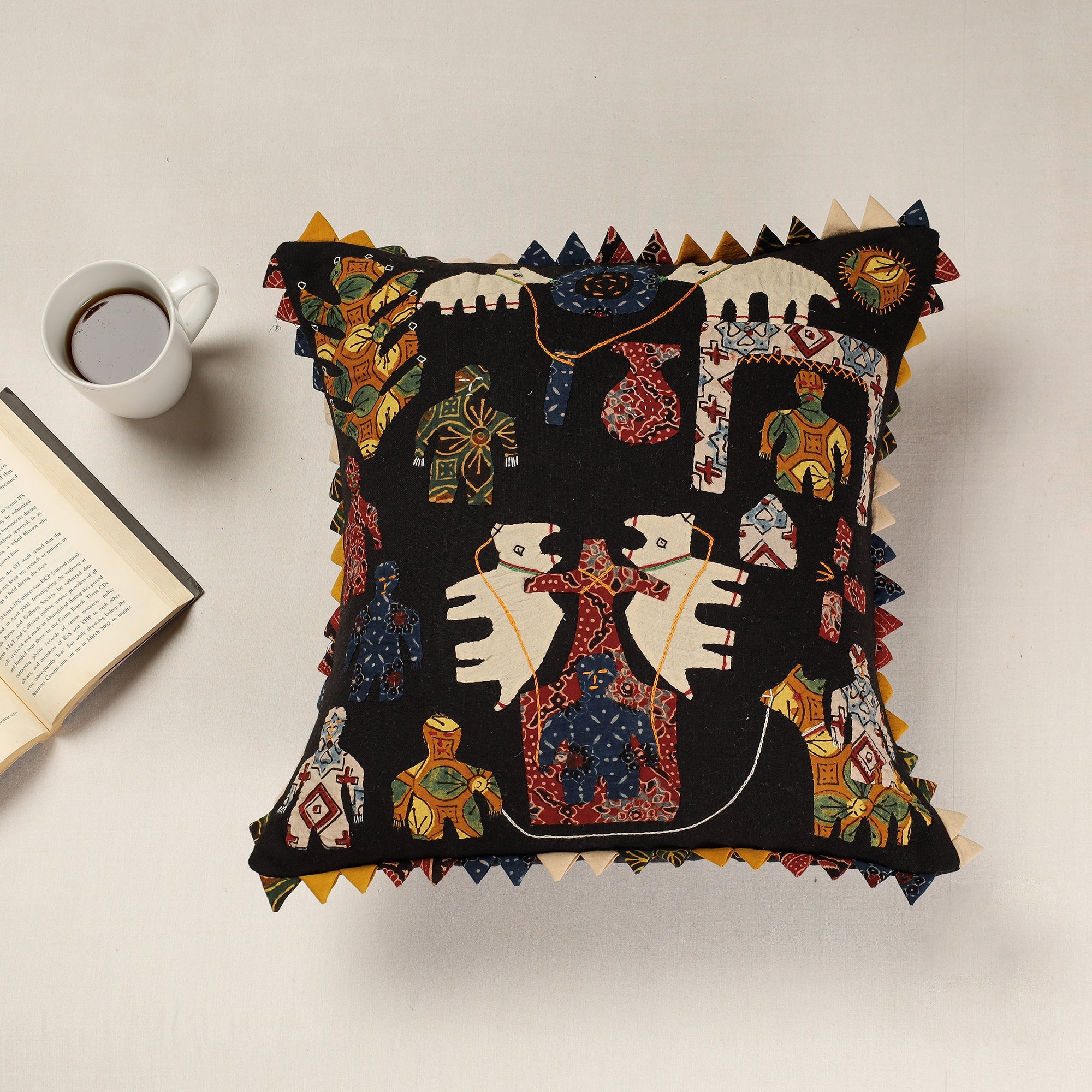 Black - Kala Raksha Applique Cutwork Cotton Cushion Cover (16 x 16 in)