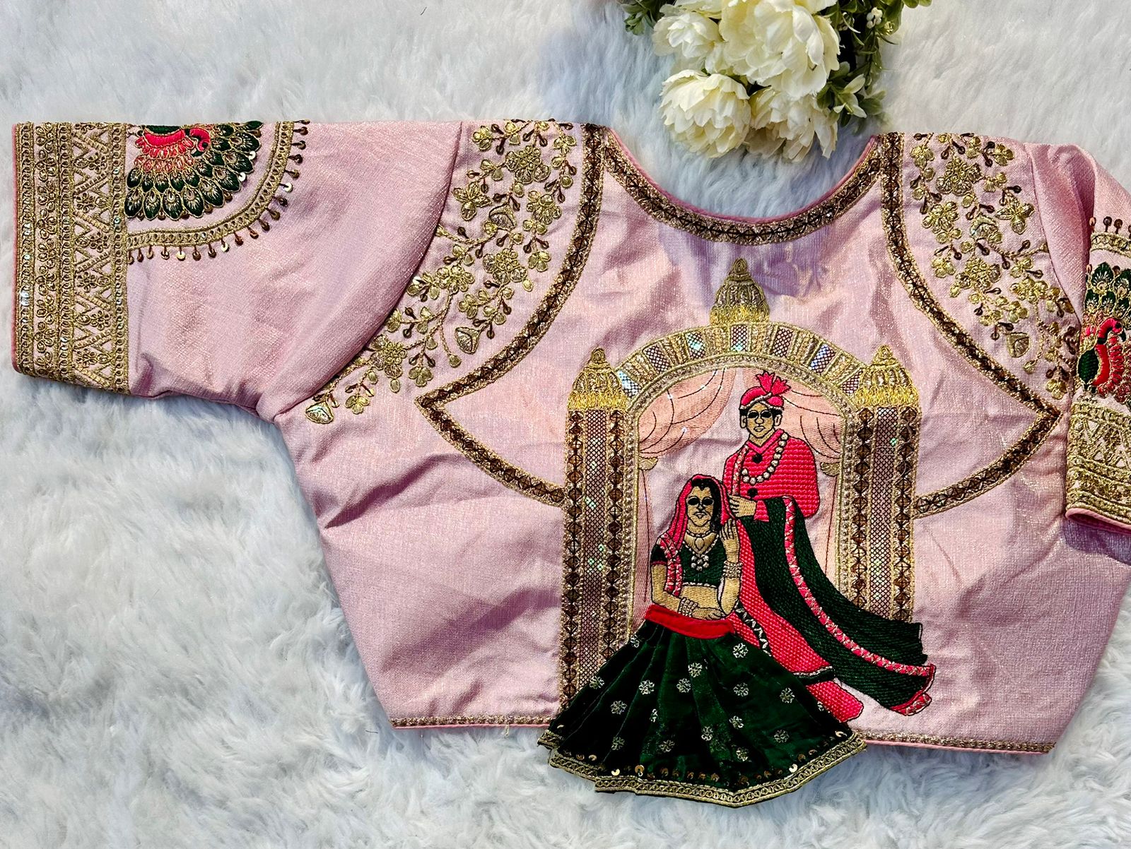 ClothsVilla Baby Pink Wedding Wear Blouse in Raspberry Silk with Exquisite Embroidery and Sequins - view 4