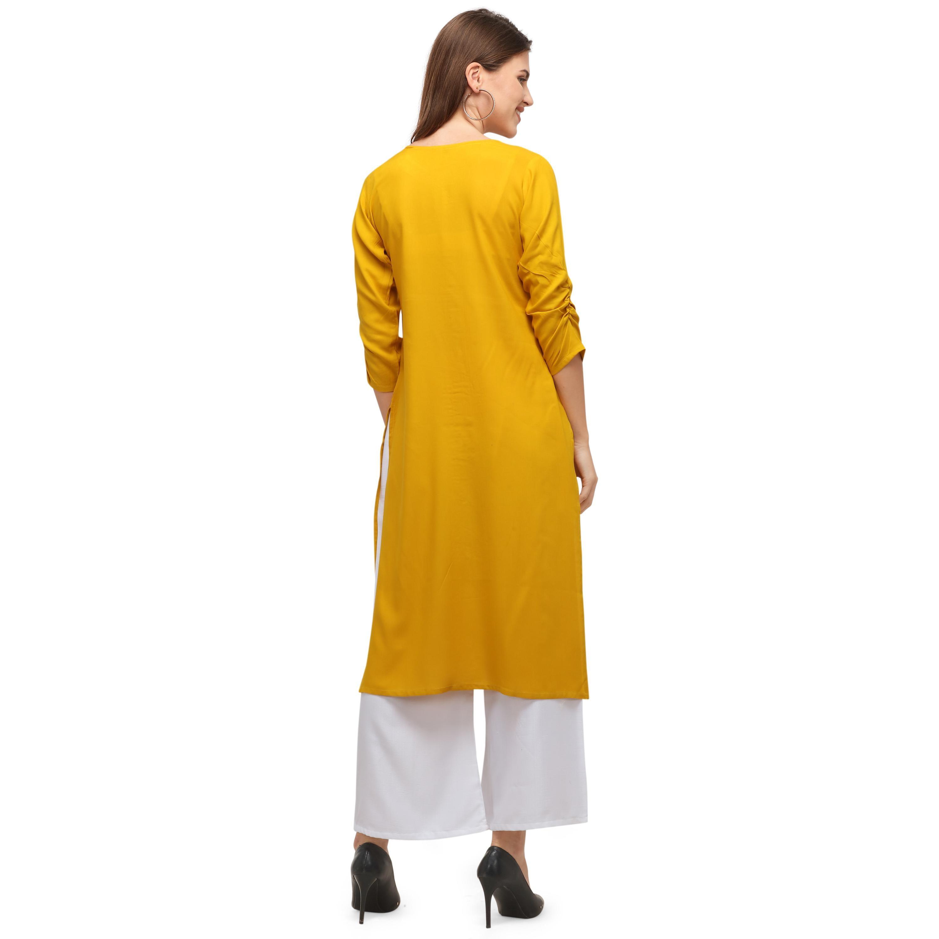 Peachmode Seller Exotic Yellow Colored Casual Wear Embroidered Rayon Kurti With Palazzo - view 2