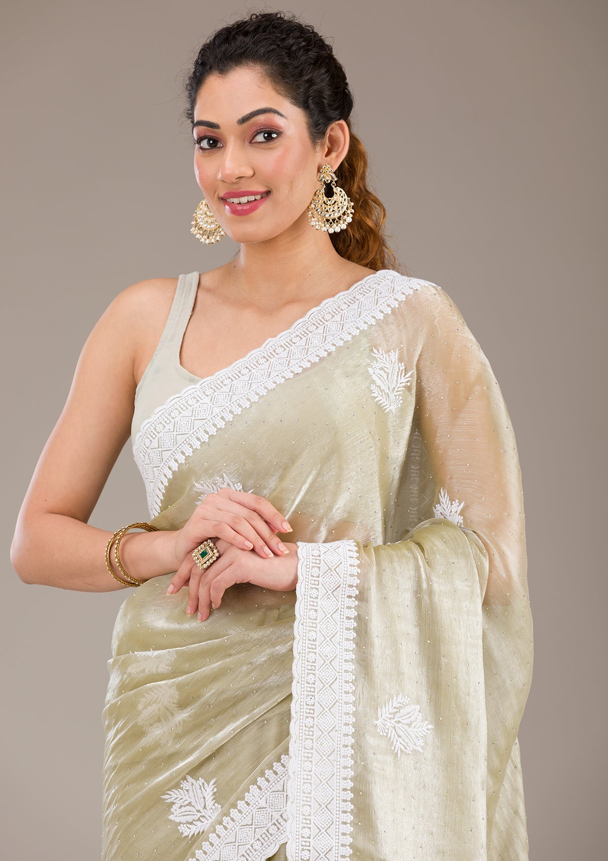 Koskii Sea Green Threadwork Organza Saree – Women's - view 6