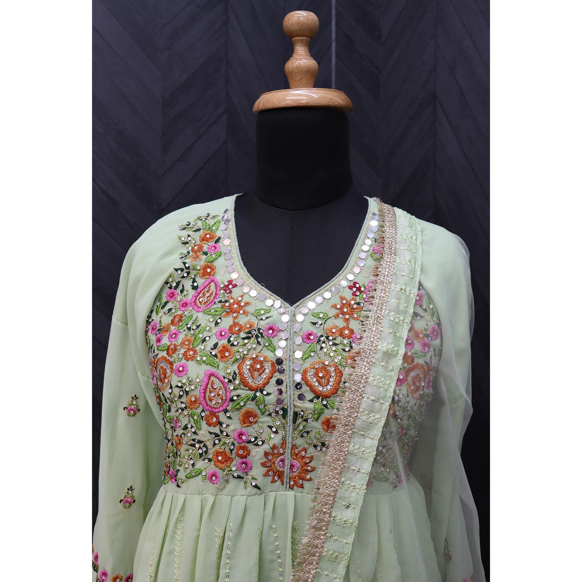 Peachmode Light Blue Embroidered With Embellished Georgette Anarkali Style Gown - view 6