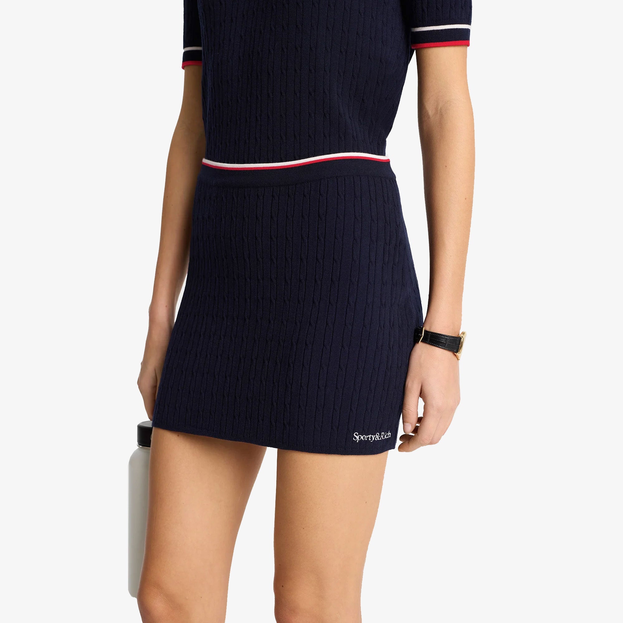 Sporty & Rich | Serif Logo Mini Cable Skirt { Navy