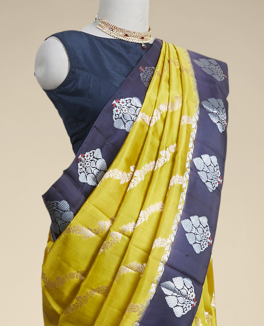Pothys Yellow floral vine design dupio silk saree with contrast floral motifd border