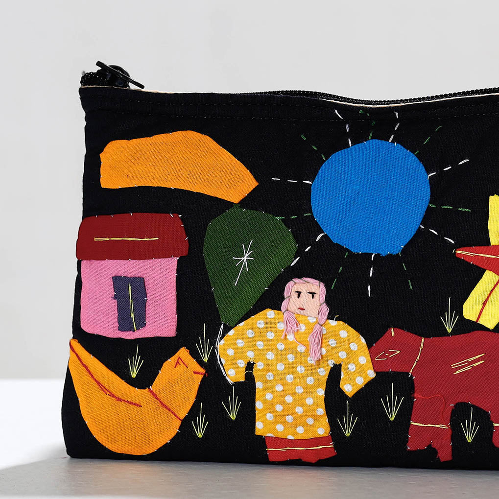 ASHOKA ASSEMBLE - CELEBRATING CRAFTS OF ODISHA Black - Pipli Applique Work Cotton Cosmetic Pouch - view 2