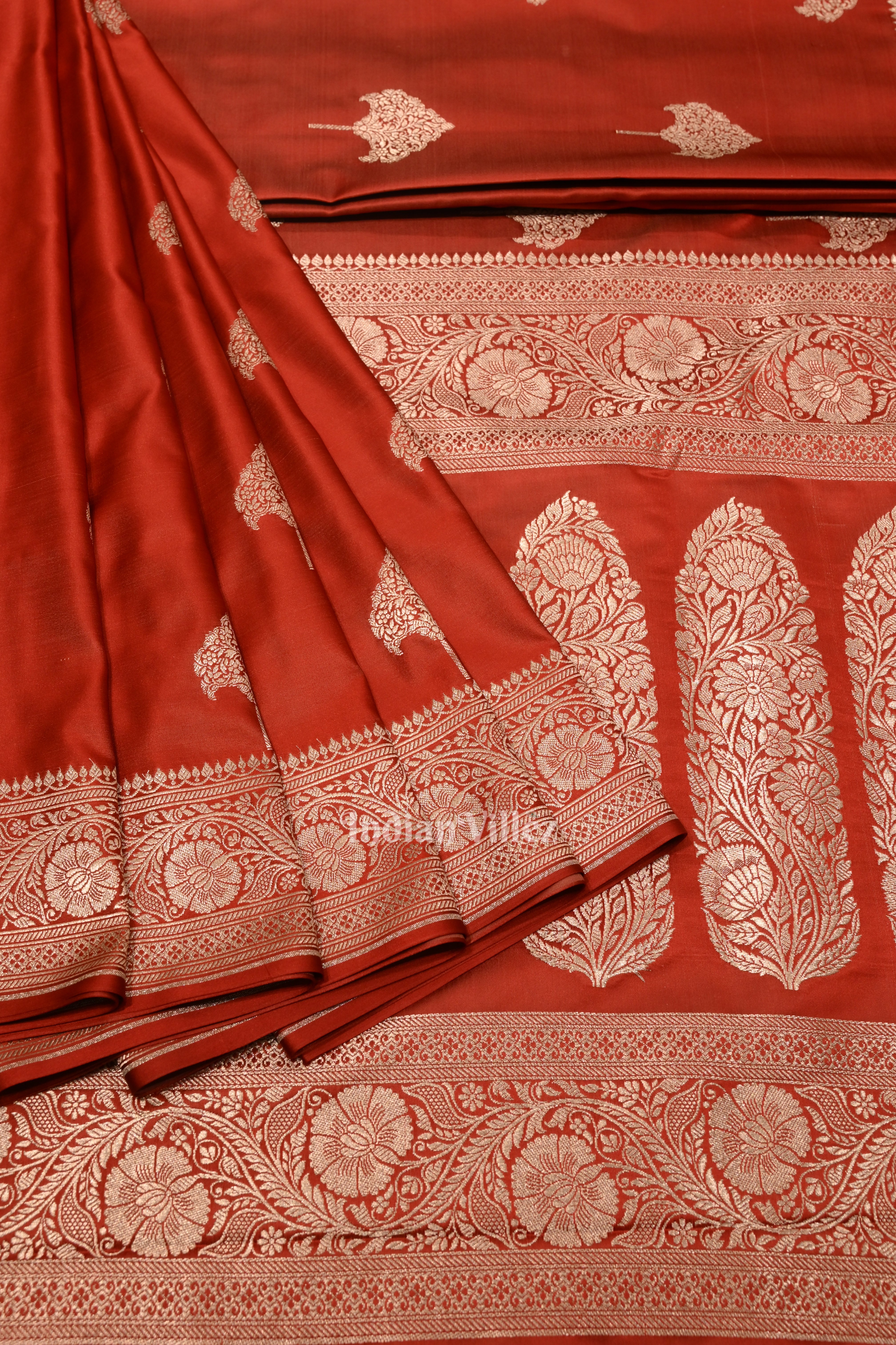 IndianVillèz Cherry Red Soft Pure Mashru Satin Silk Banarasi Saree