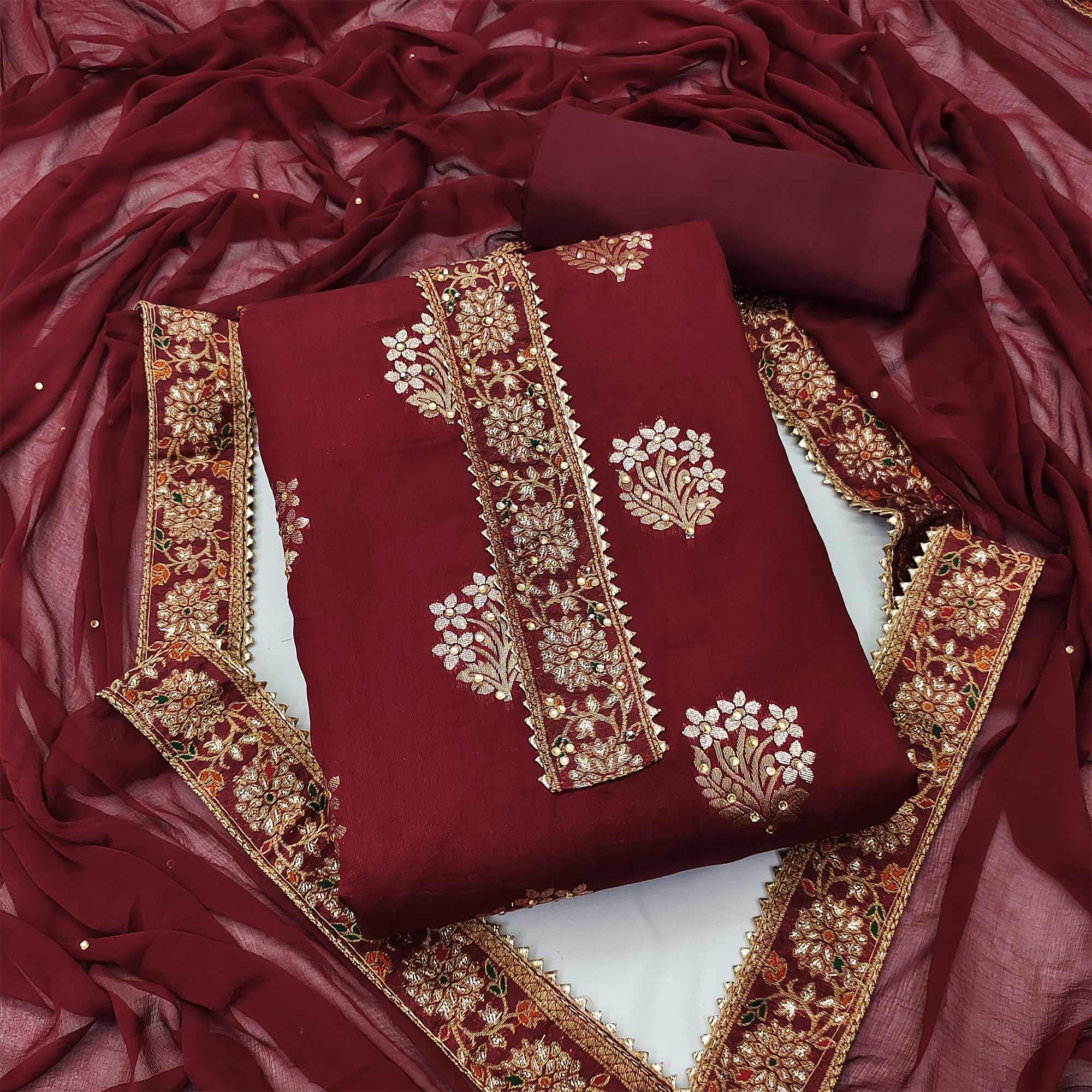 Peachmode Maroon Woven With Embellished Jacquard Dress Material