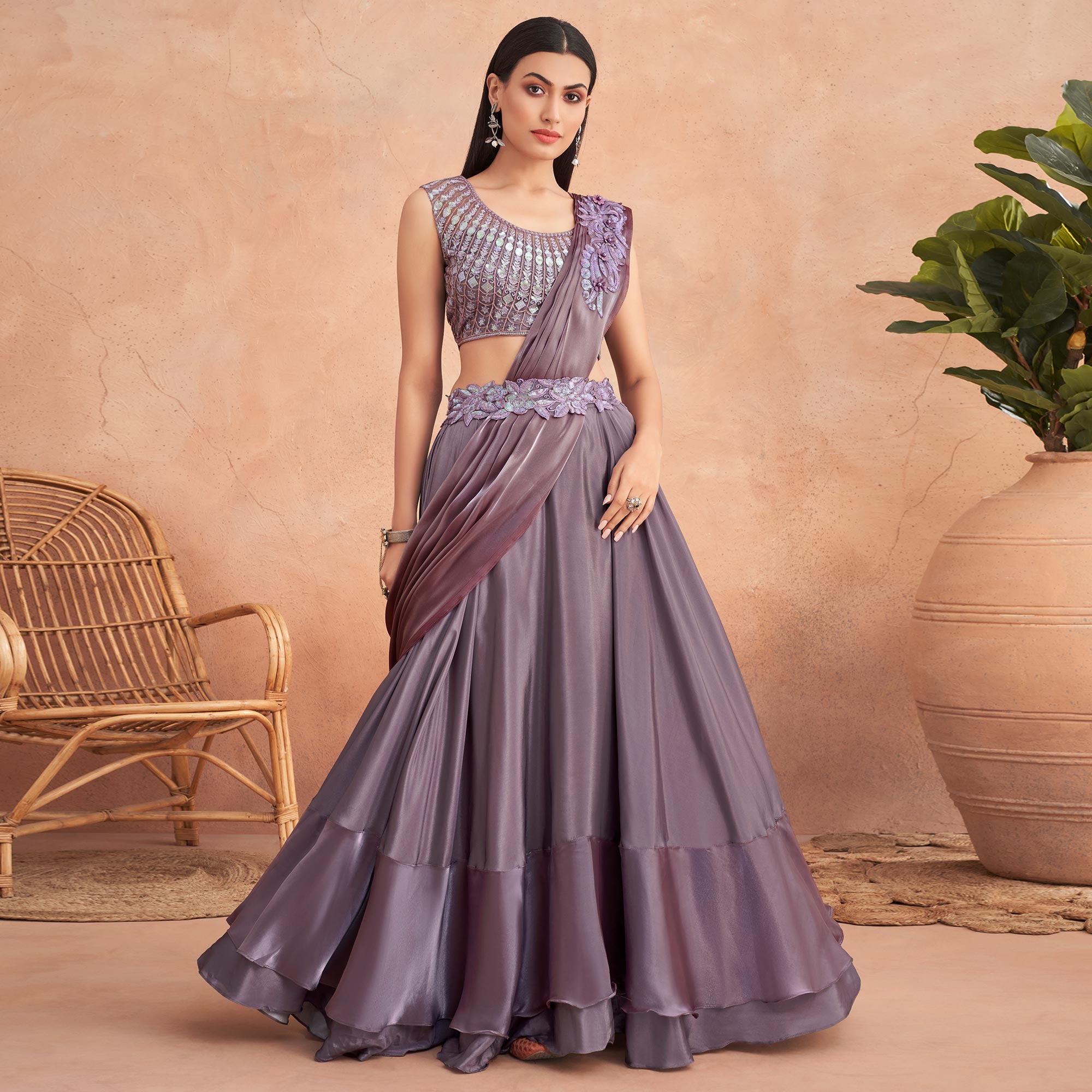 Peachmode Seller Mauve Sequins Embroidered Ready To Wear Satin Silk Saree