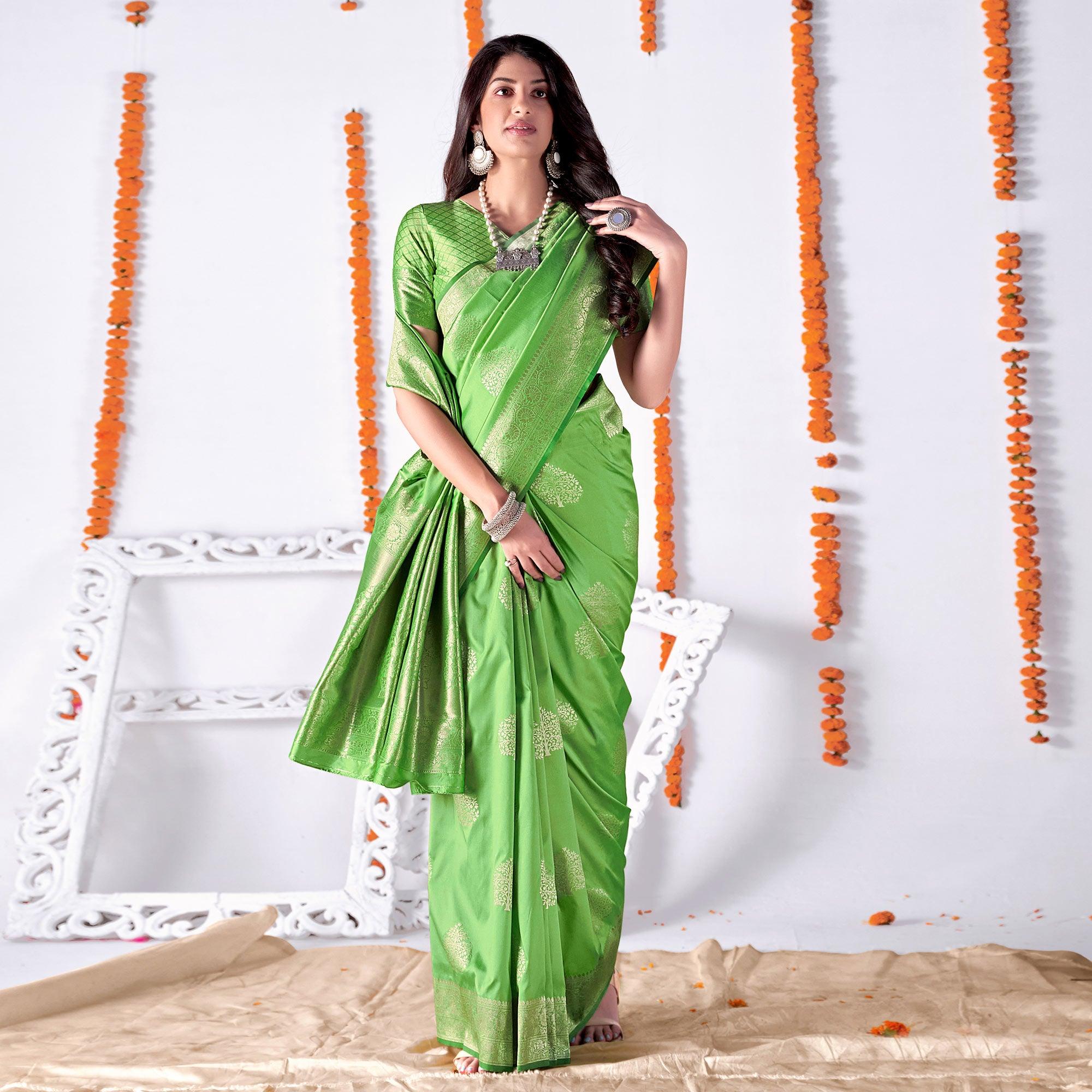 Peachmode Mint Green Woven Banarasi Silk Saree - view 2