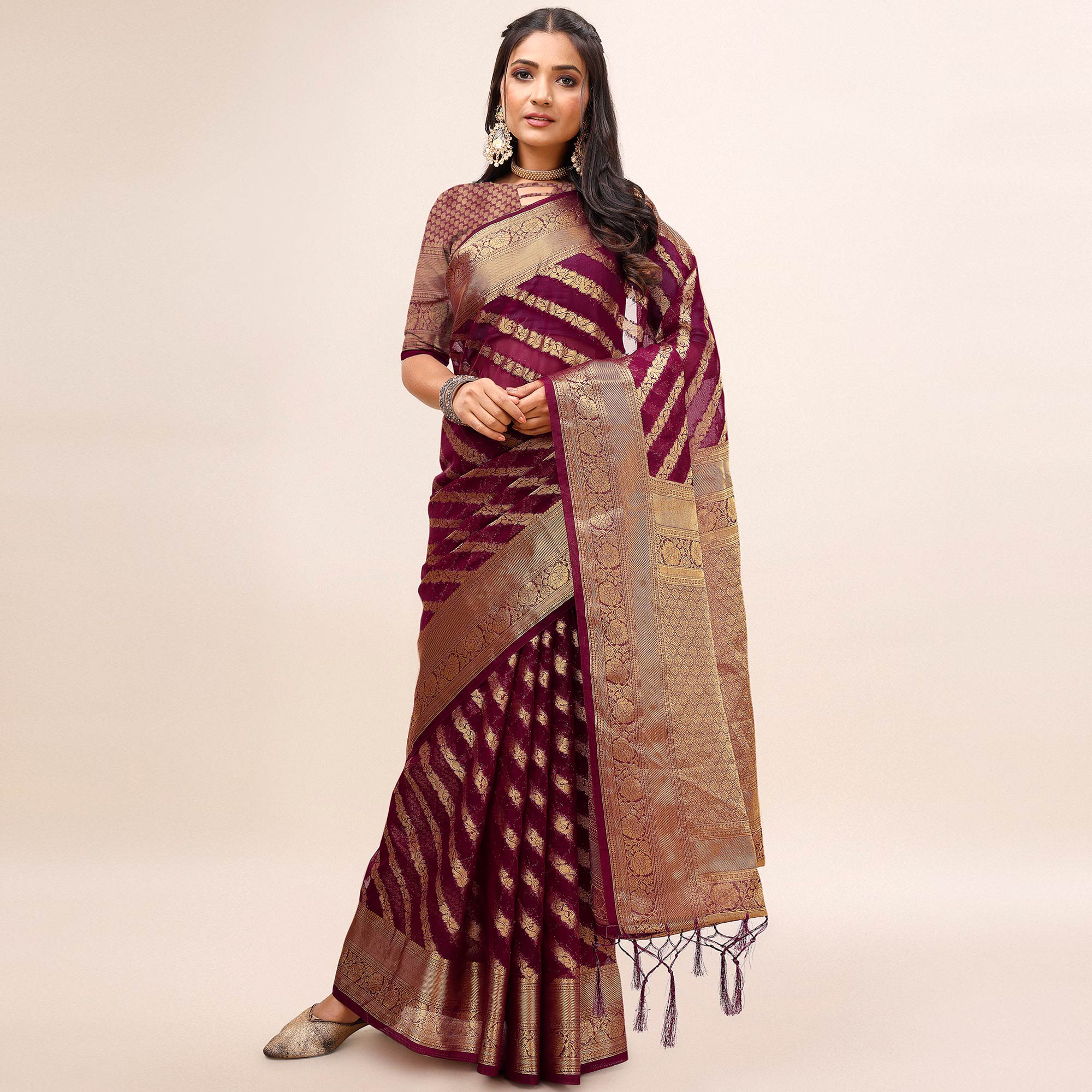 Peachmode Maroon Woven Organza Saree With Tassels - view 2