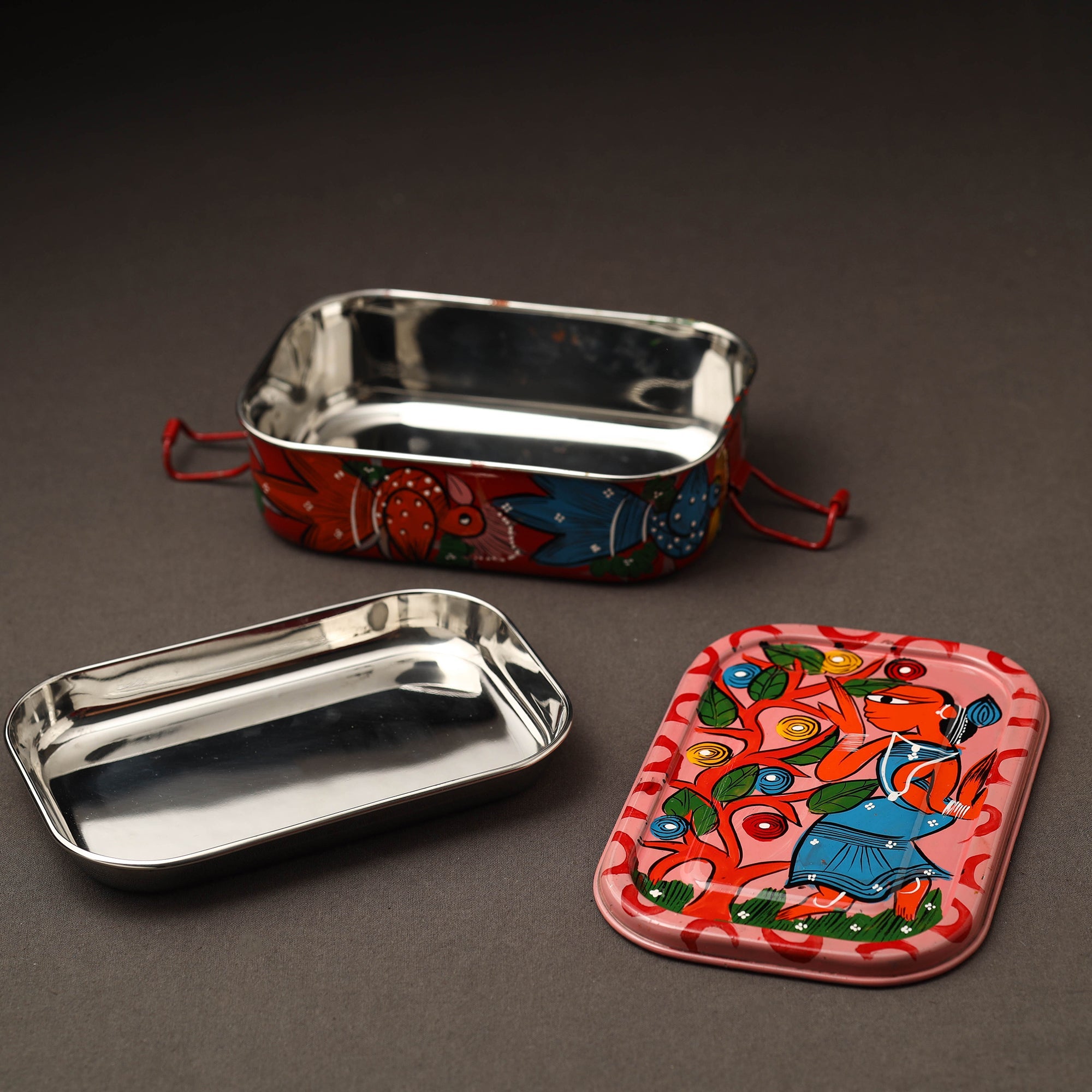 AAYAAS Bengal Patua Handpainted Stainless Steel Rectangle Lunch Box (6 x 4 in) - view 2