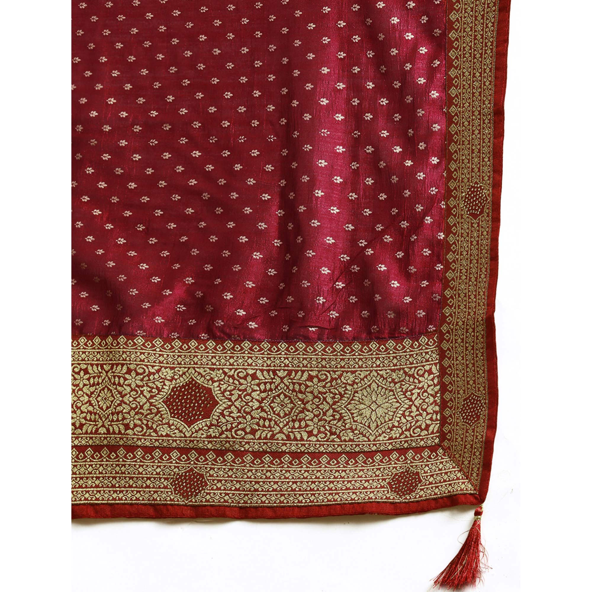 Peachmode Maroon Foil Printed With Swarovski Vichitra Silk Saree - view 6