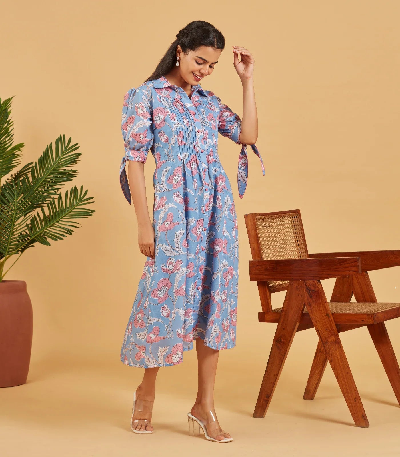 RmKV Silks Blue Floral Printed Shirt Dress
