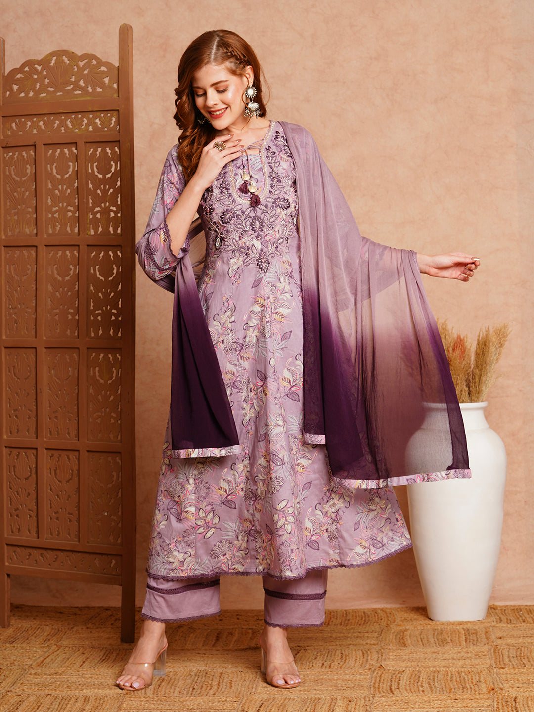 Floral printed hand – FASHOR Floral Printed & Hand Embroidered Anarkali with Palazzo & Dupatta - Lavender