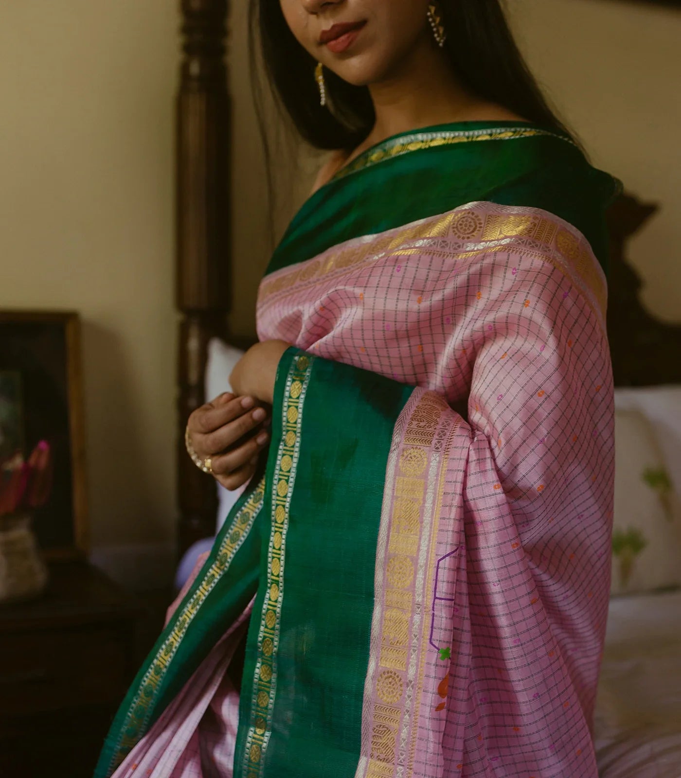 RmKV Baby Pink Handloom Chirala Silk Cotton Saree With Teal Border-Baby Pink - view 3
