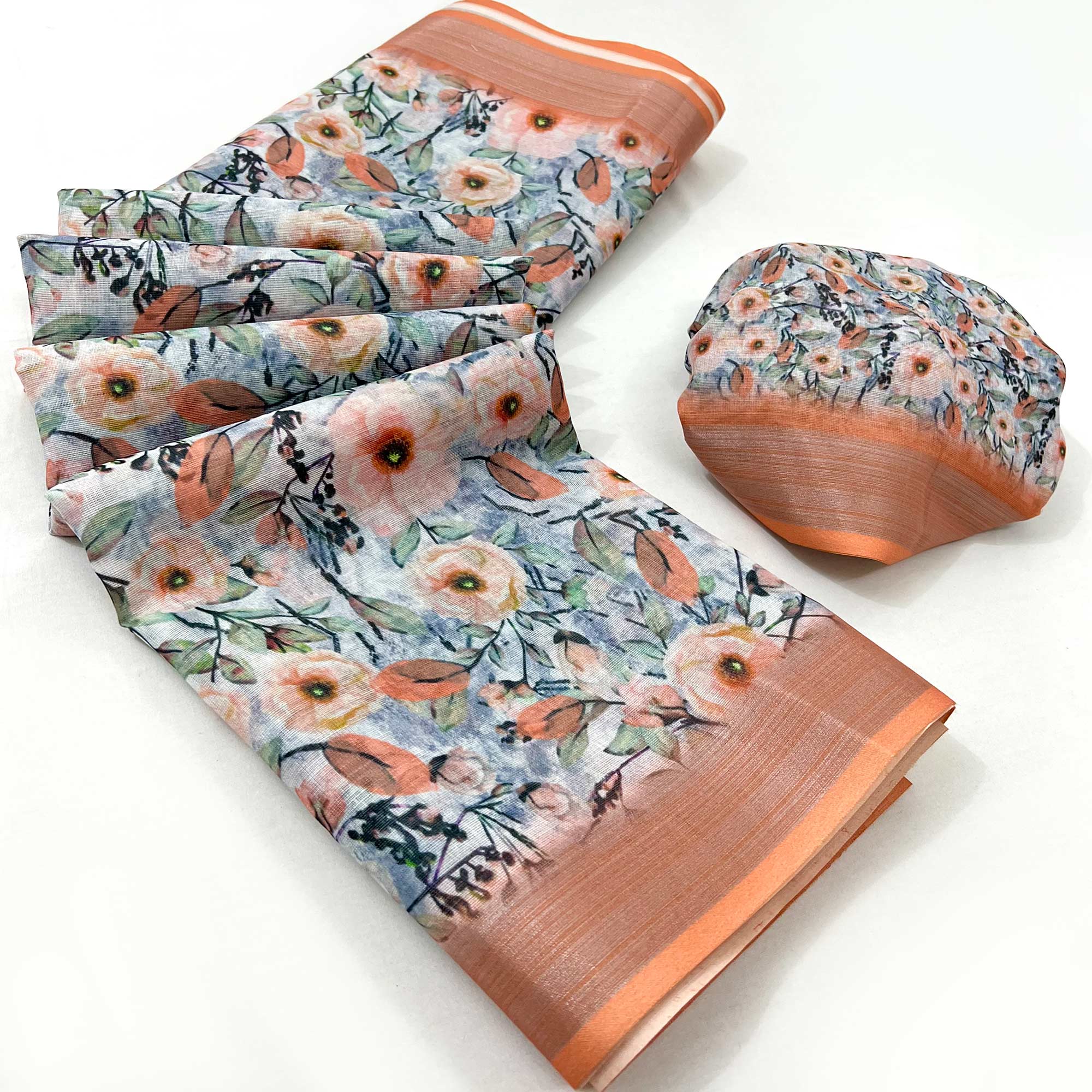 Peachmode Light Orange Floral Digital Printed Linen Saree - view 3