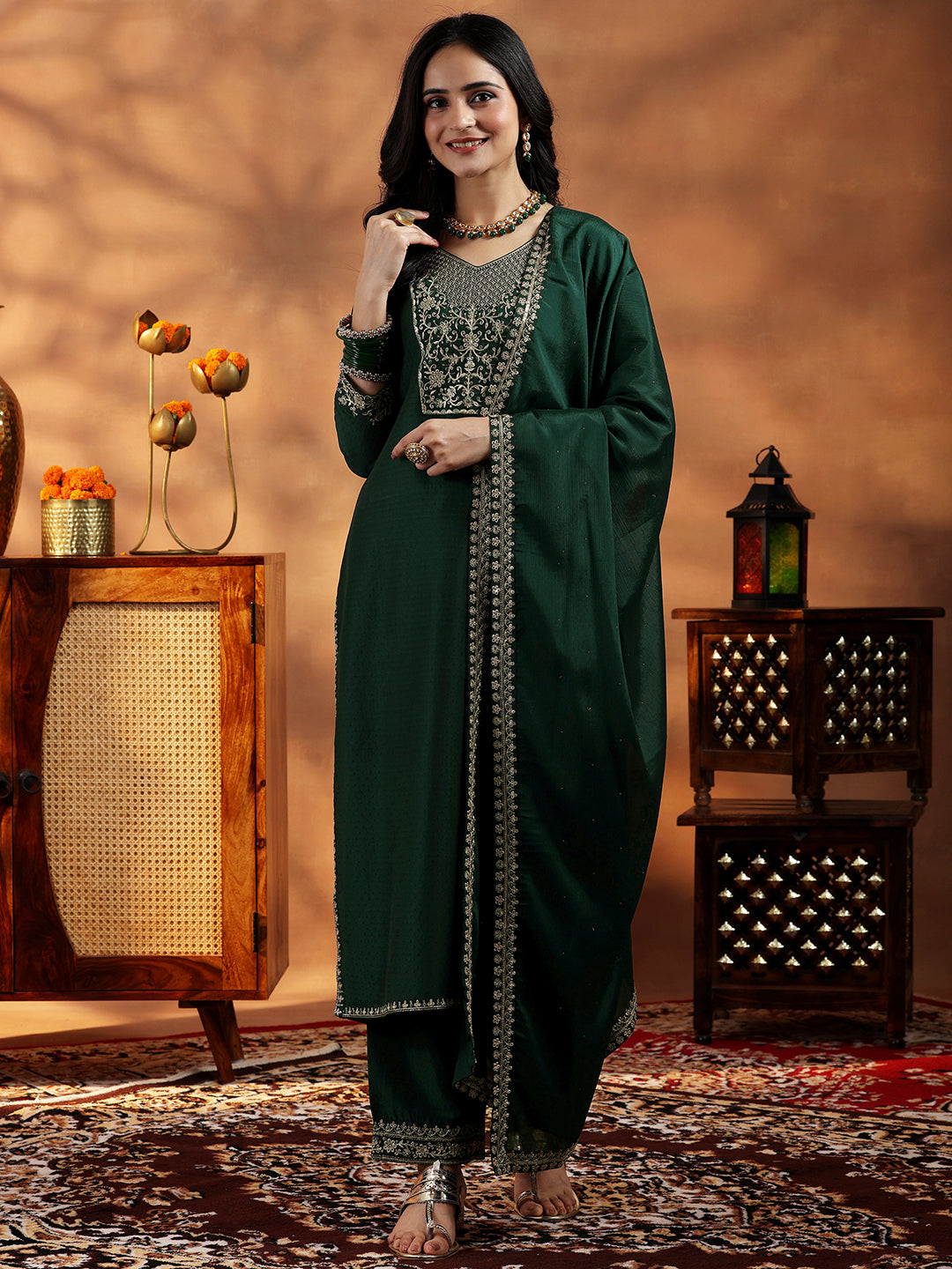 Libas Green Yoke Design Silk Blend Straight Suit With Dupatta - view 2