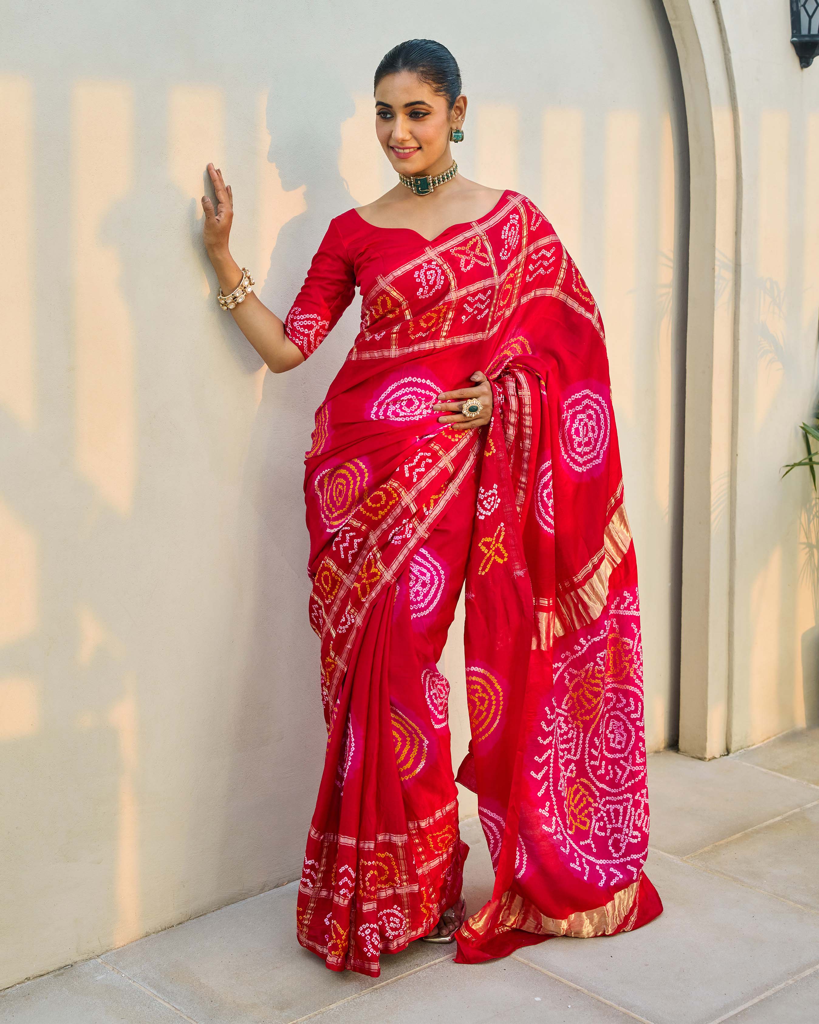 Aachho Moonlit Harmony Red Silk Bandhani Saree