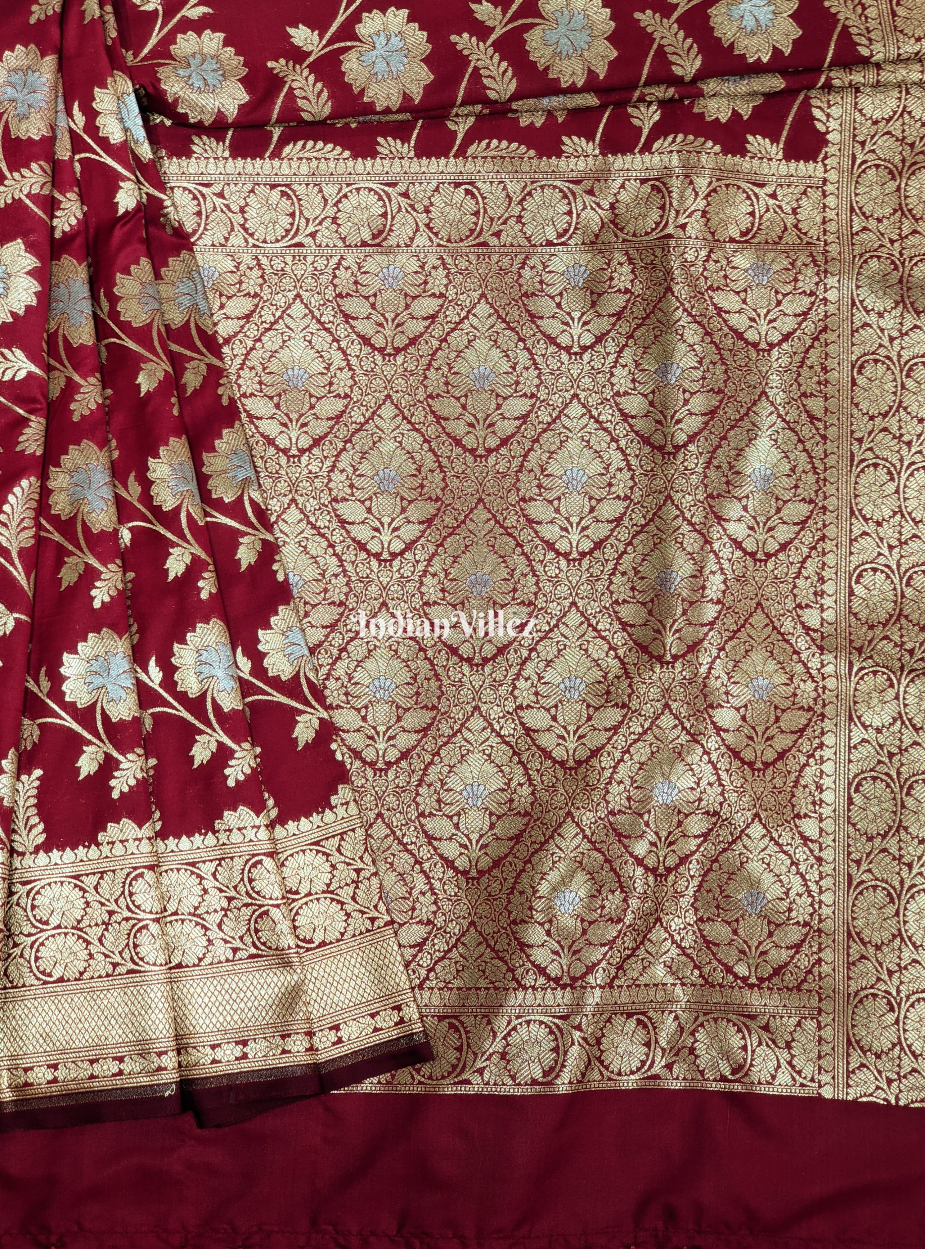 IndianVillèz Cherry Red Color With Floral Design Pure Banarasi Katan Saree
