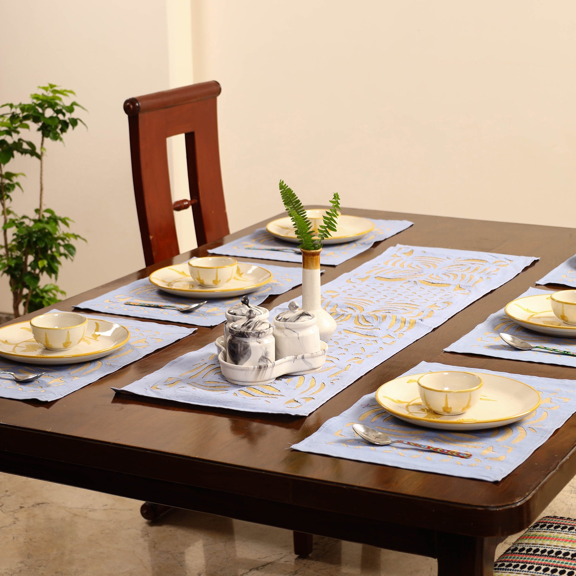 SHADES OF MARUDHARA Blue - Applique Cut Work Table Runner with Table Mat Set 10