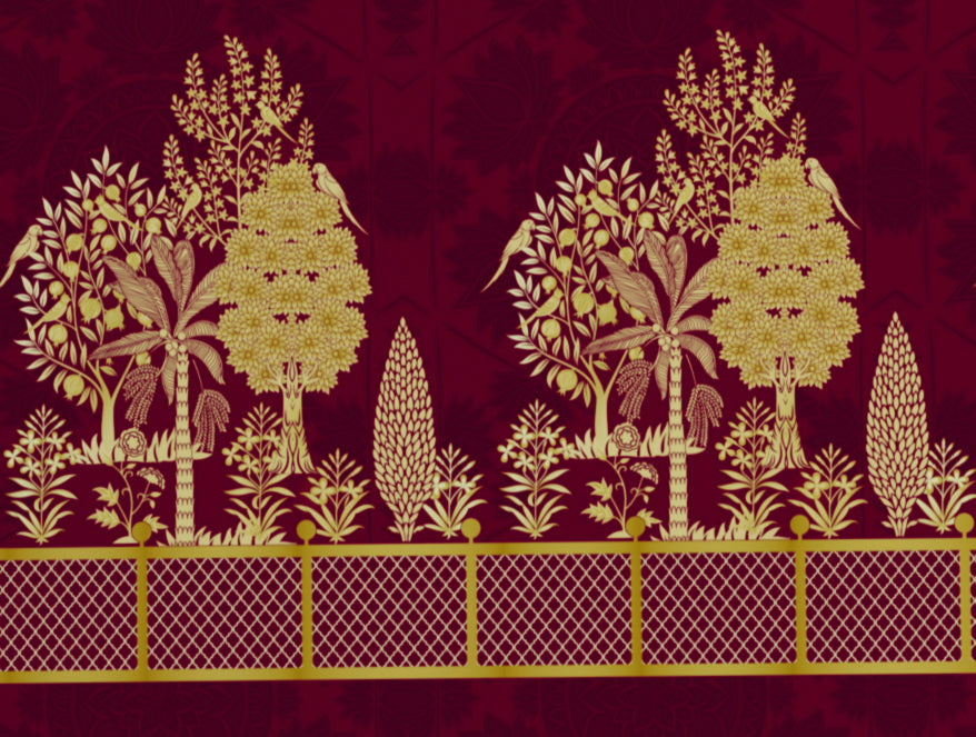 Spaces India Floral Pichwai Cerise - Dark Pink 100% Cotton King Size Bedsheet - Gold - Rangana By Spaces - view 6