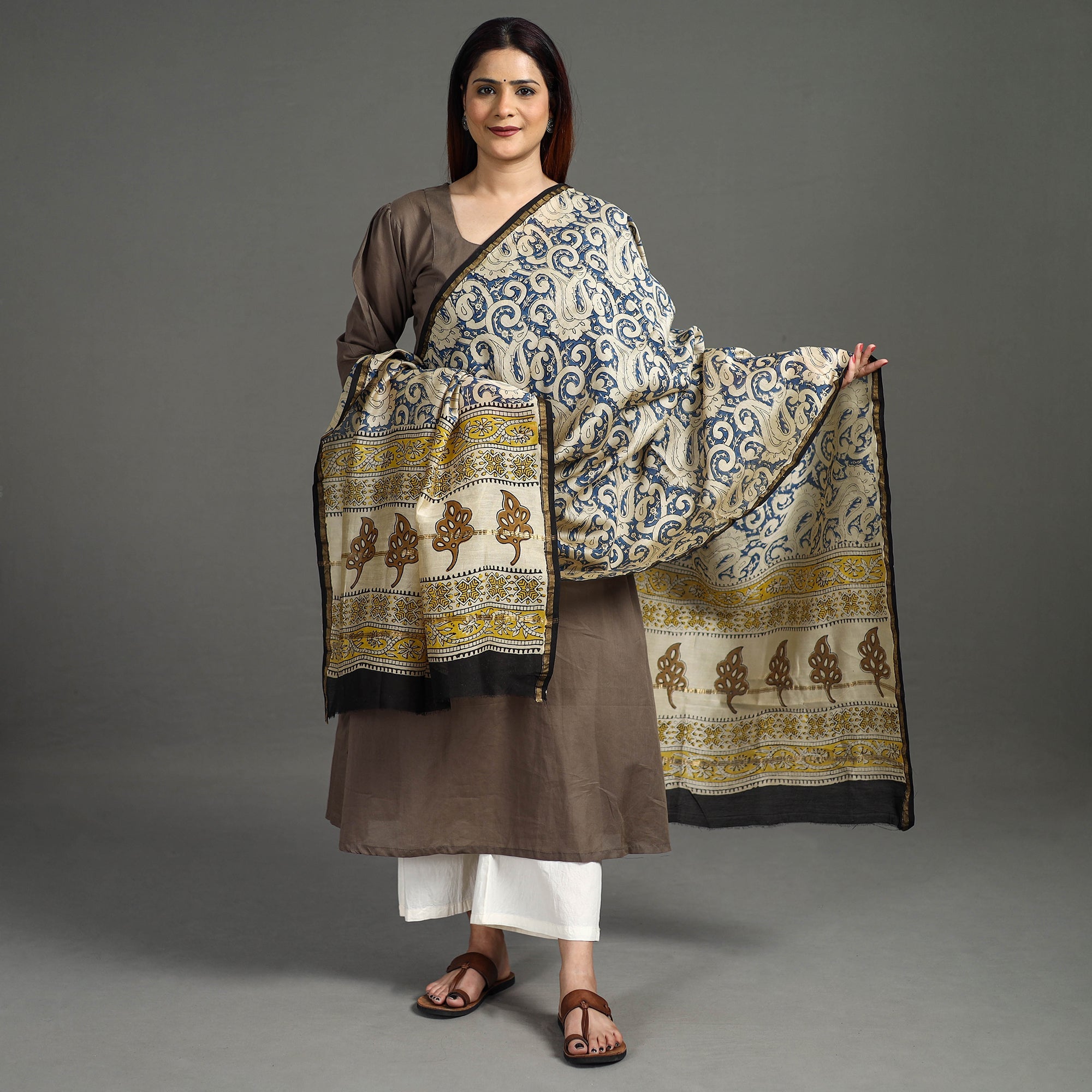 ARTISAN HAND BLOCK PRINTS Blue - Block Printed Chanderi Silk Sanganeri Dupatta 69