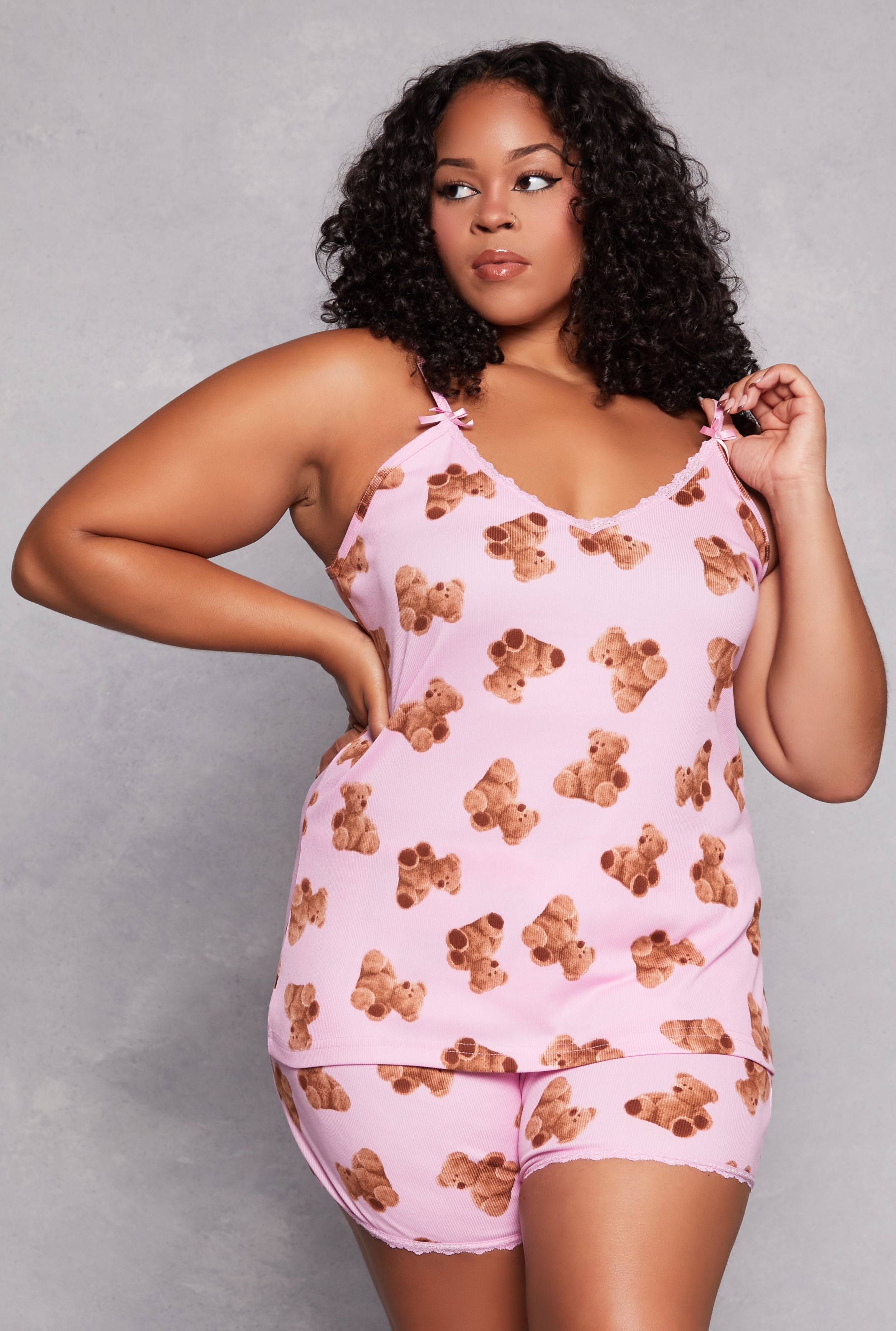 Rainbow Shops Plus Size Teddy Bear Print Pajama Cami Top and Shorts