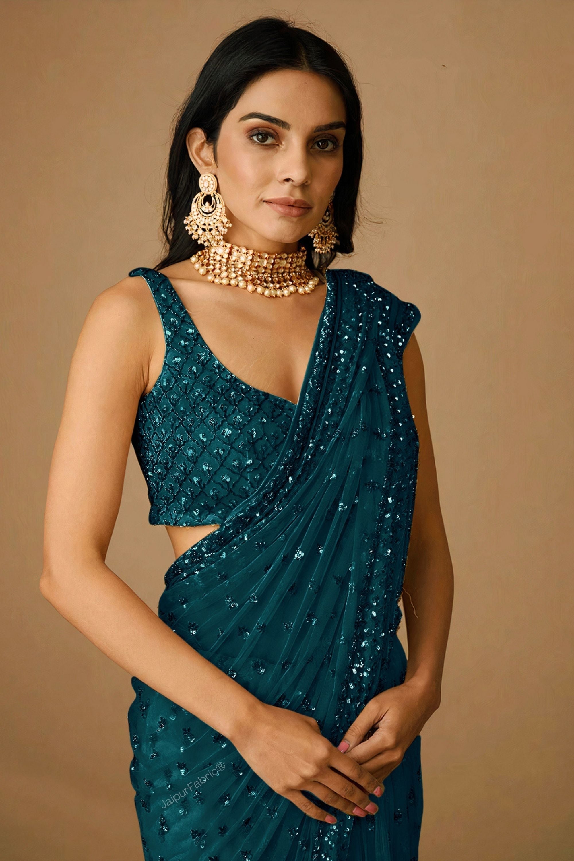 JaipurFabric® Blue Sequins Embellished Saree In Net