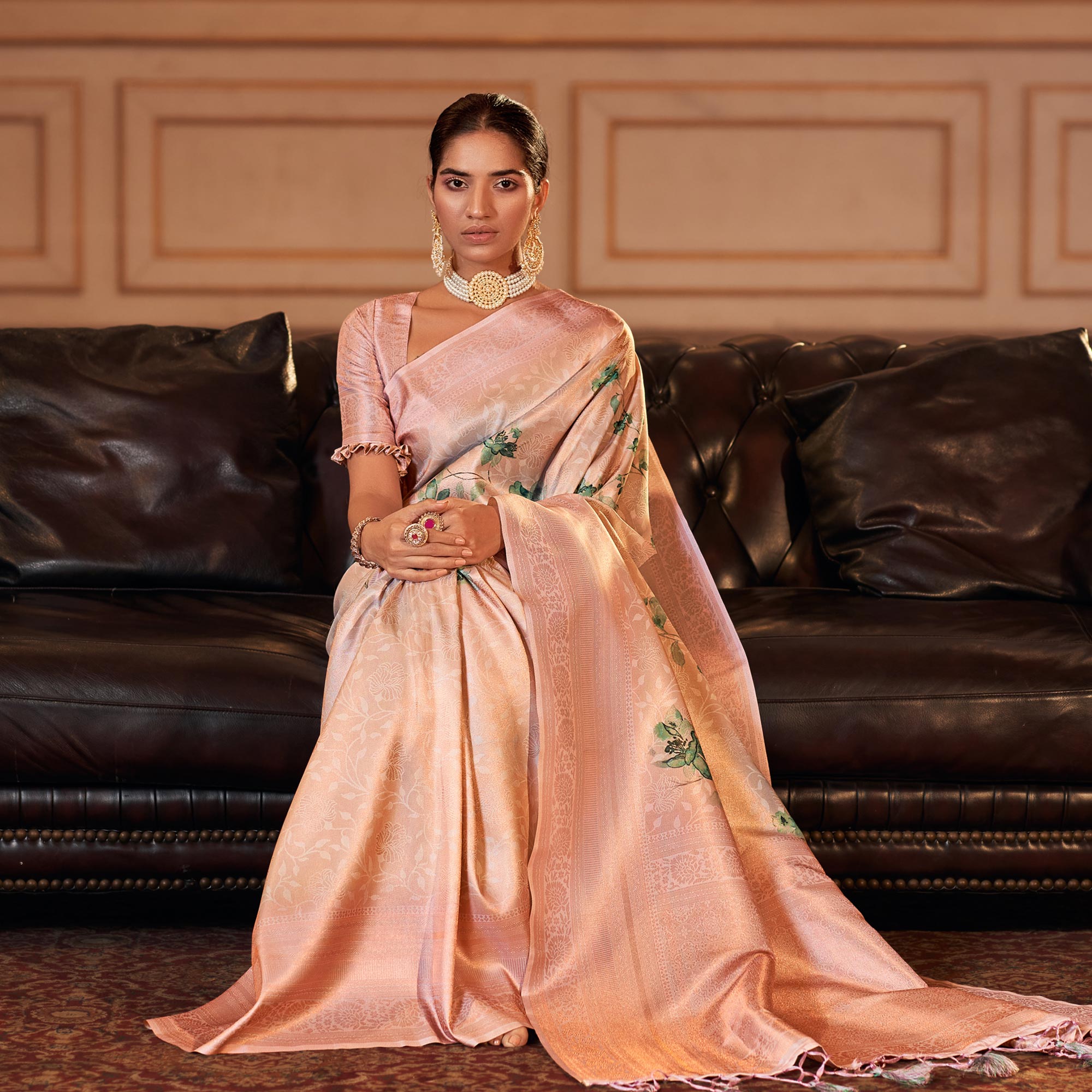 Peachmode Light Peach Woven Jacquard Saree With Tassels - view 4