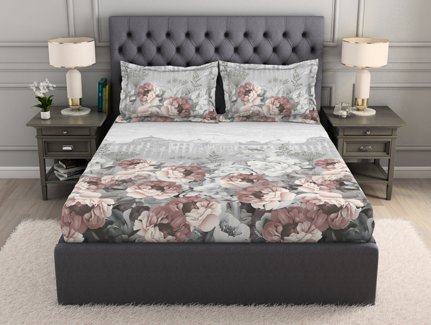 Spaces India Floral Grey 100% Cotton King Size Bedsheet Organic Cotton - By Spaces